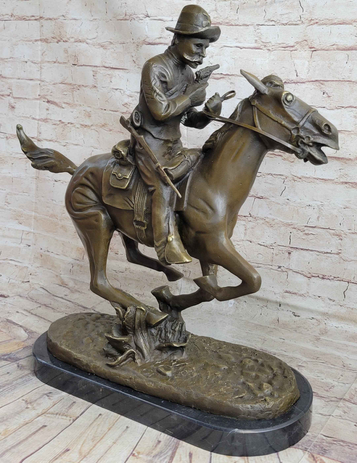 Large Remington Tribute 2  Cowboy and Horse w Gun Bronze Sculpture Marble Statue