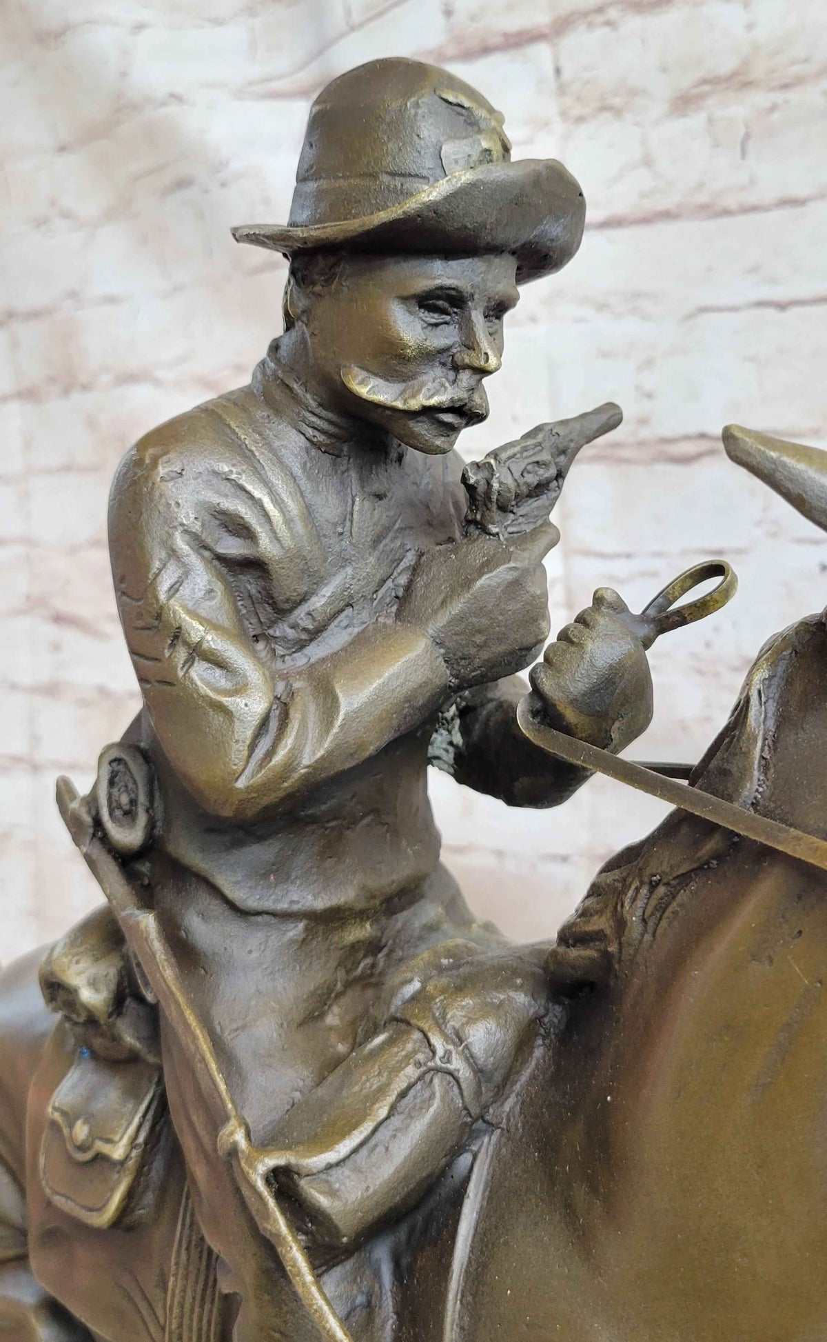 Large Remington Tribute 2  Cowboy and Horse w Gun Bronze Sculpture Marble Statue