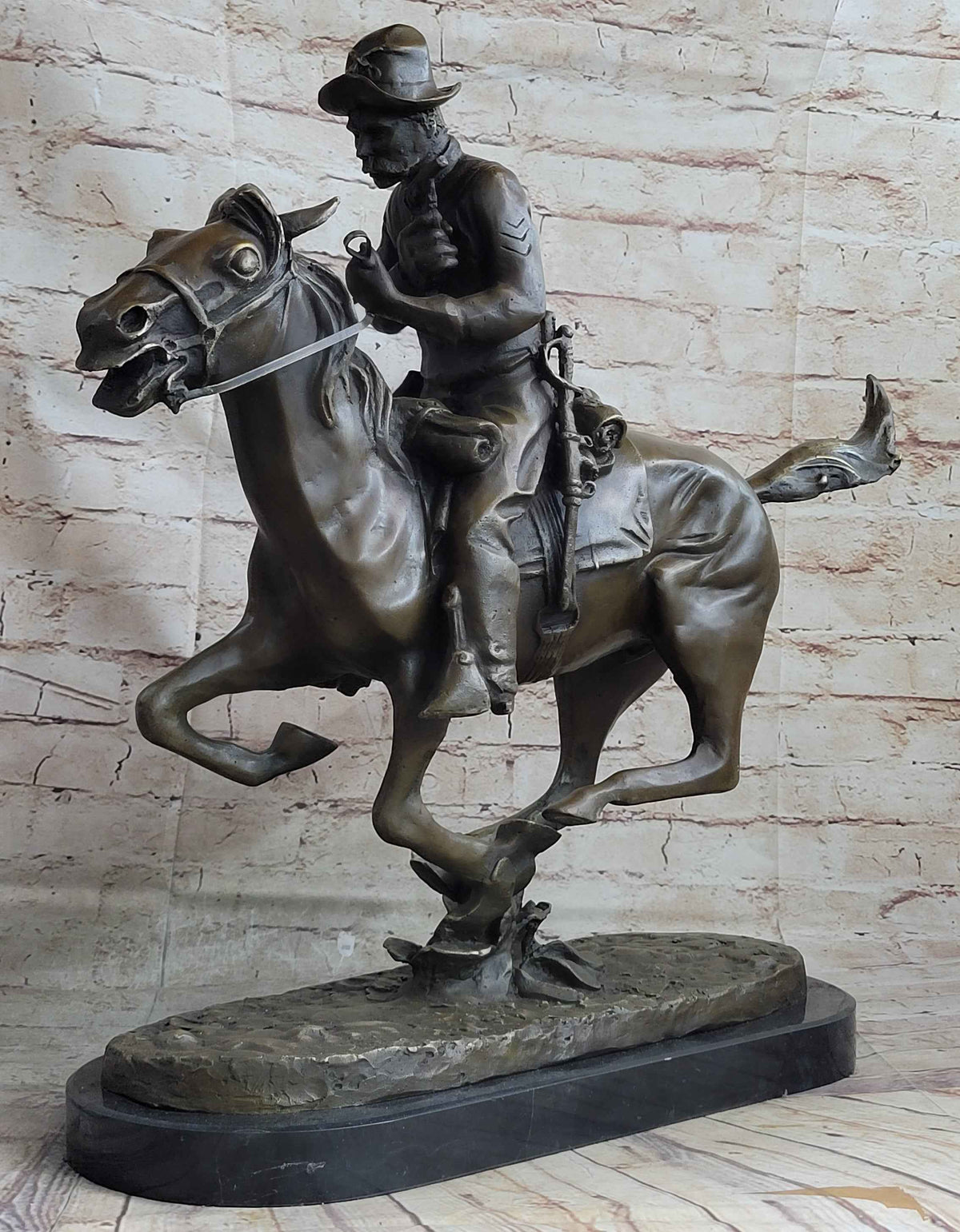 Large Remington Tribute 2  Cowboy and Horse w Gun Bronze Sculpture Marble Statue