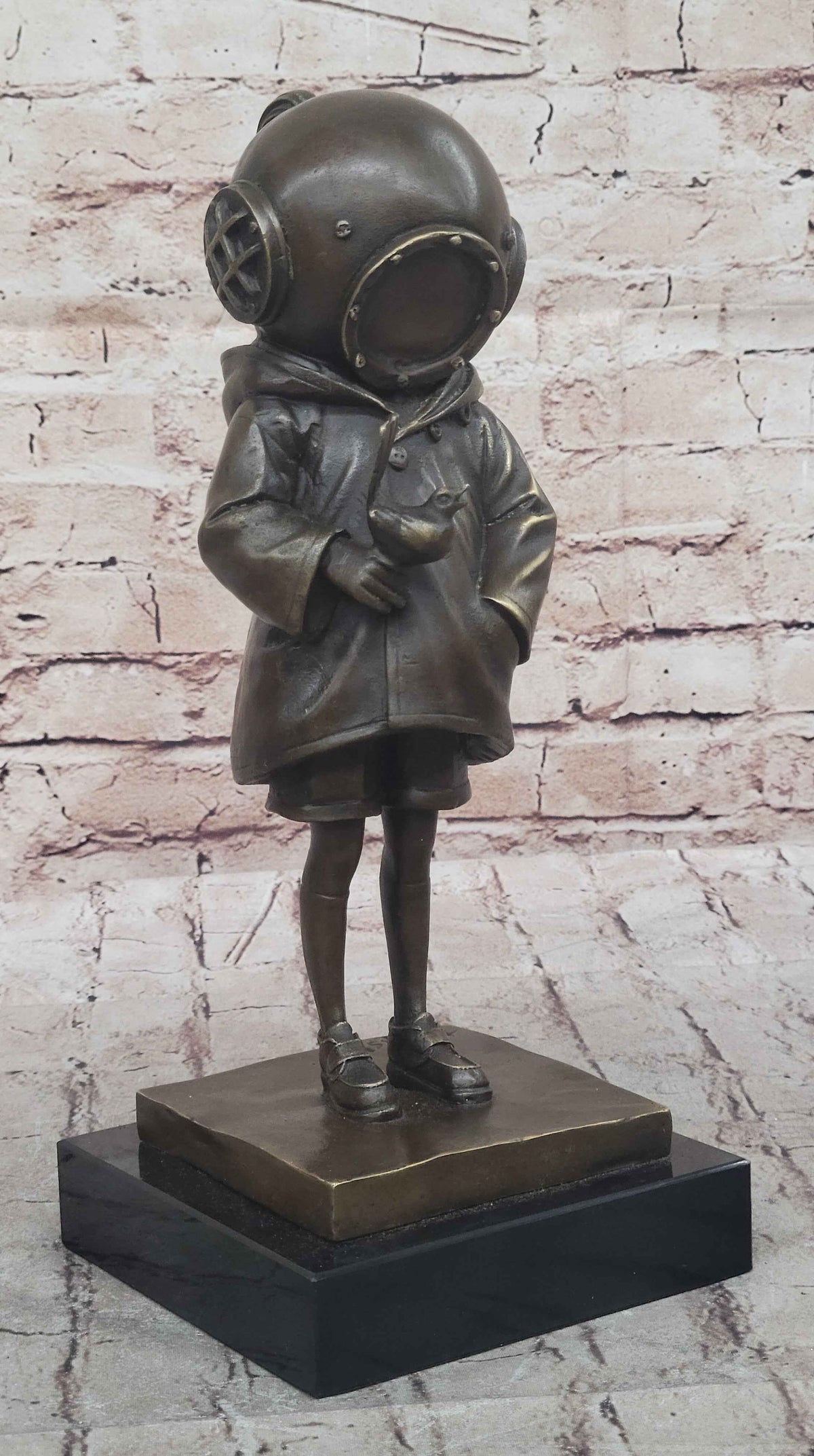 Space Girl and Bird after Banksy - Bronze Sculpture Statue on Marble Base