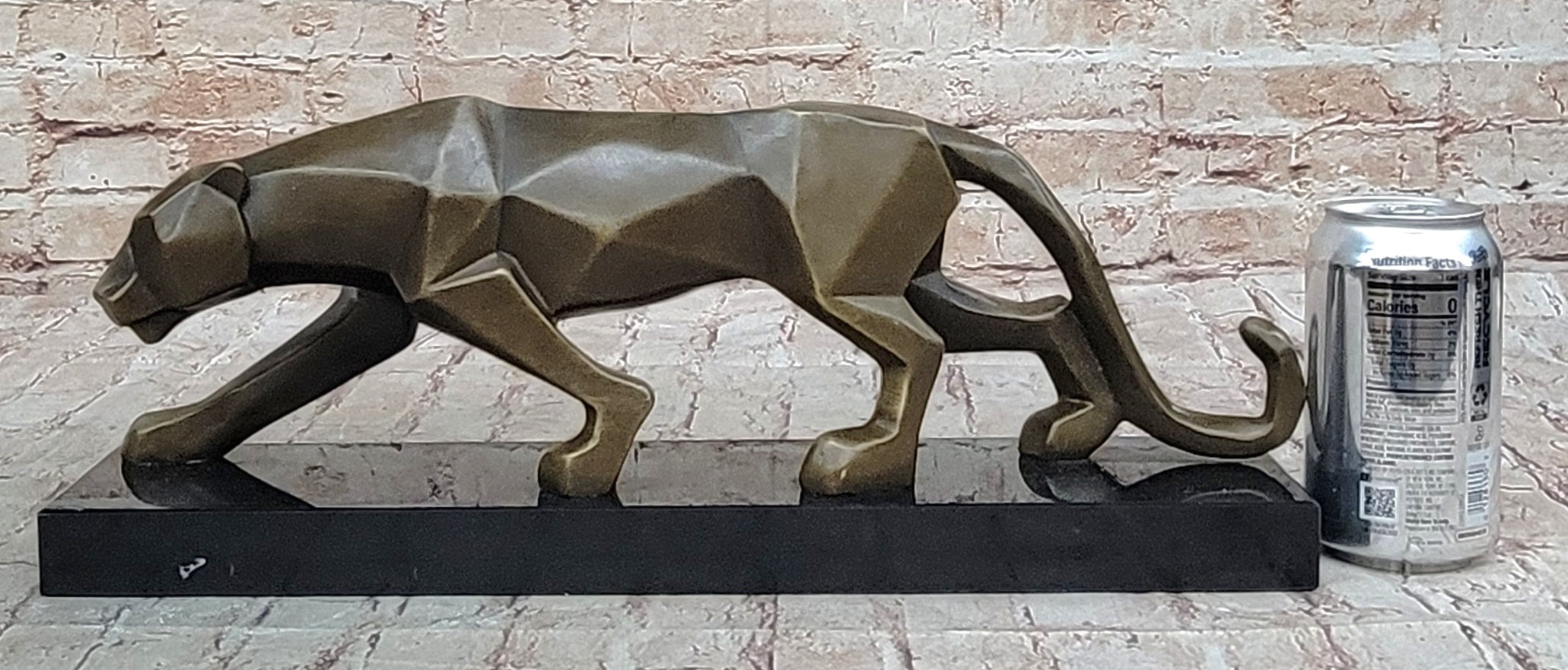 Geometric Modern Art Bronze Sculpture of a Lion Cougar Puma on Marble Base