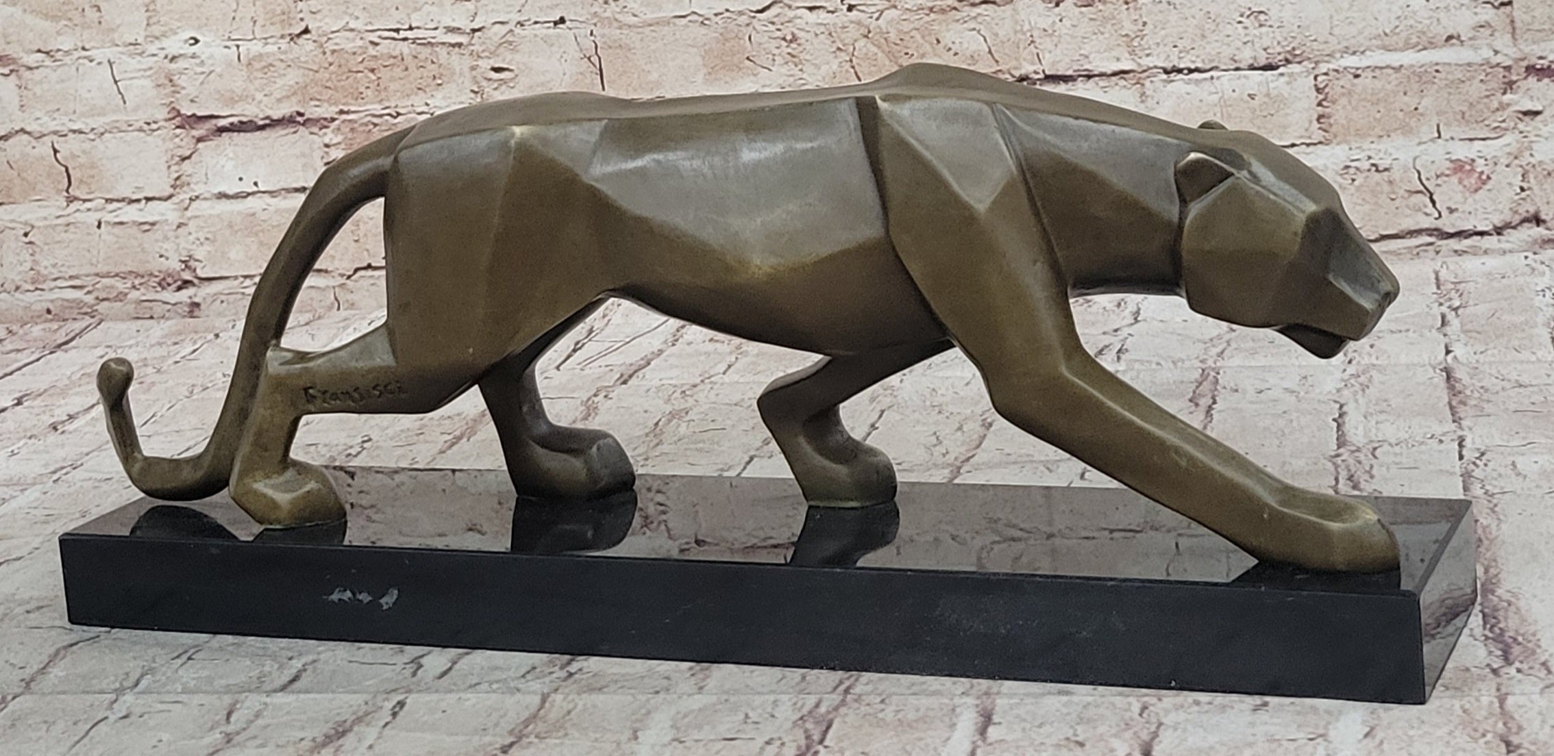 Geometric Modern Art Bronze Sculpture of a Lion Cougar Puma on Marble Base
