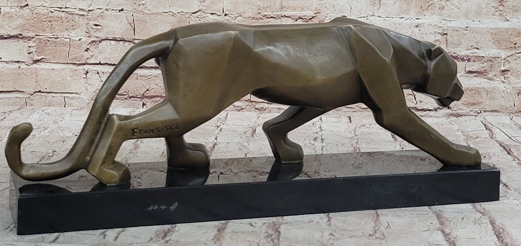 Geometric Modern Art Bronze Sculpture of a Lion Cougar Puma on Marble Base