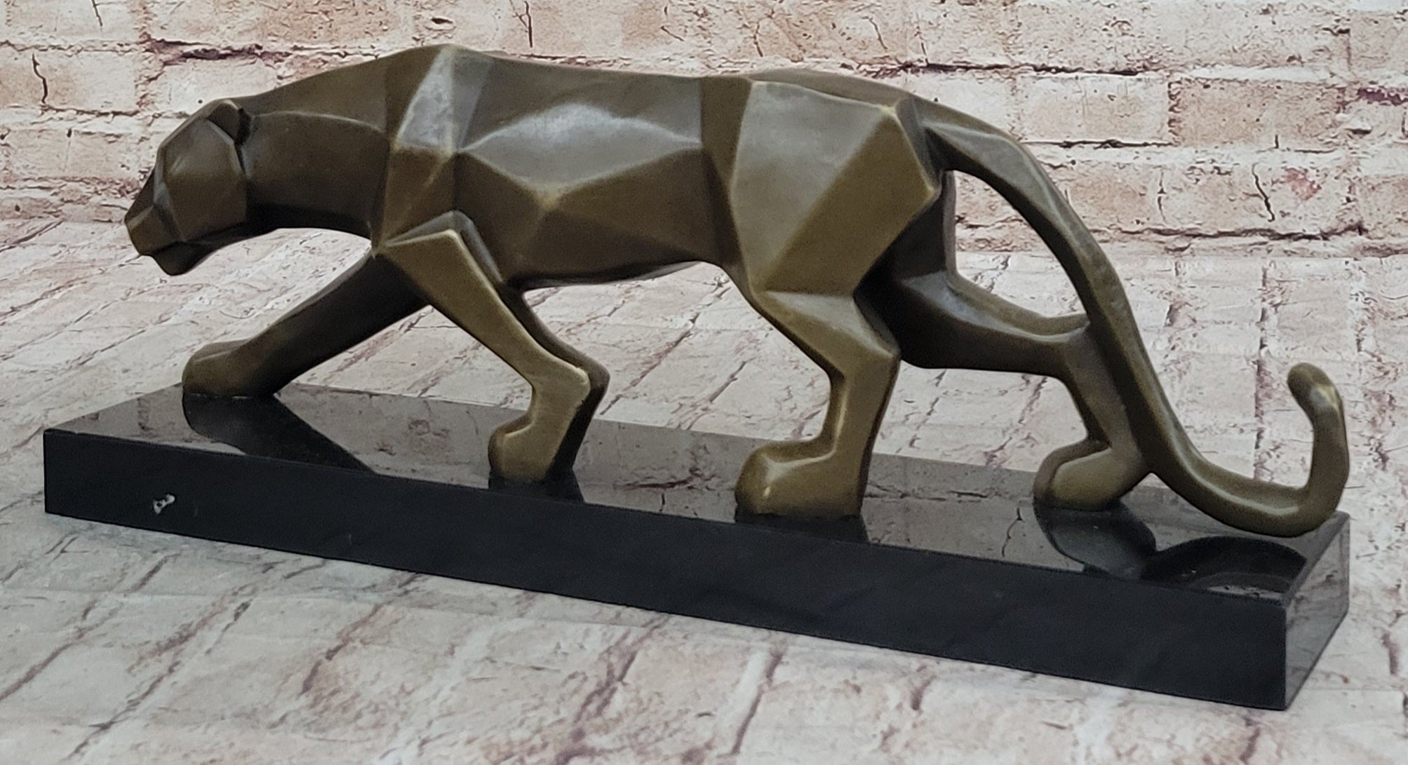 Geometric Modern Art Bronze Sculpture of a Lion Cougar Puma on Marble Base