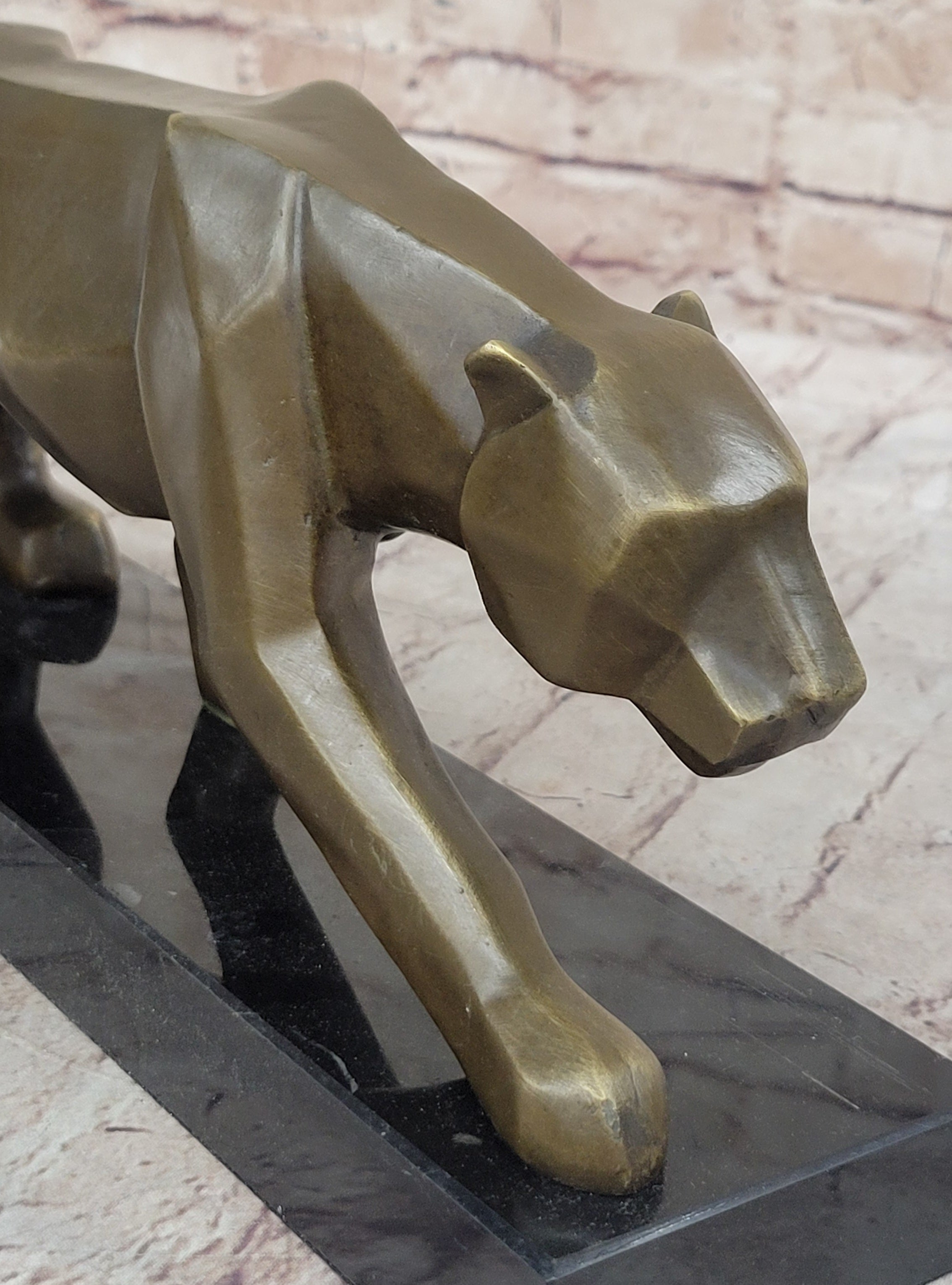 Geometric Modern Art Bronze Sculpture of a Lion Cougar Puma on Marble Base