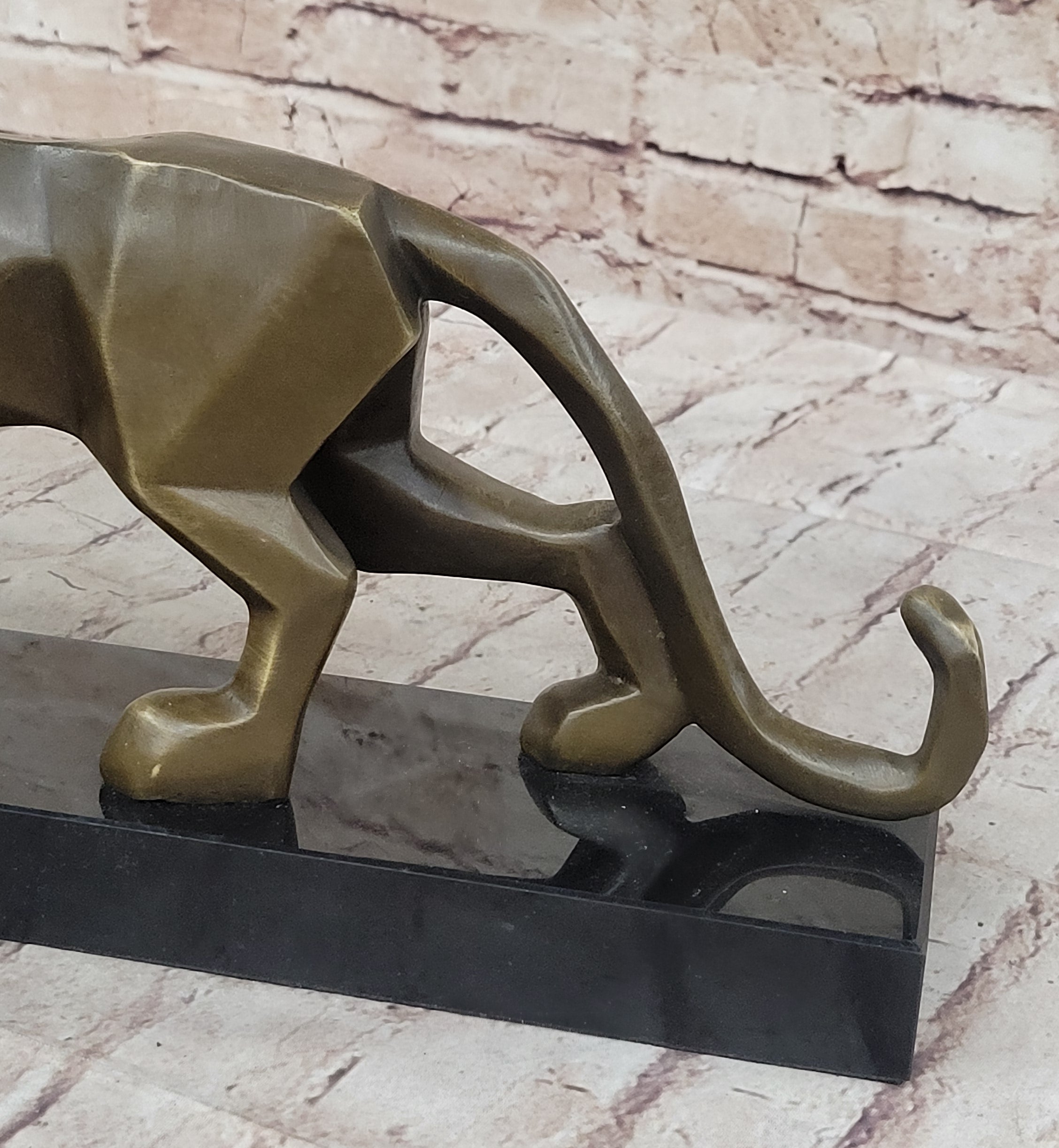 Geometric Modern Art Bronze Sculpture of a Lion Cougar Puma on Marble Base