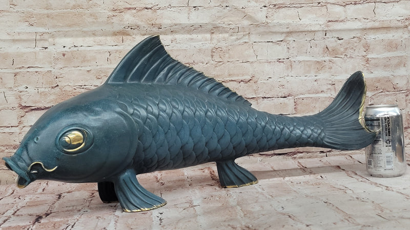 Bronze Koi Fish Sculpture; Large Decorative Asian-Inspired Art Piece with Gold Accents