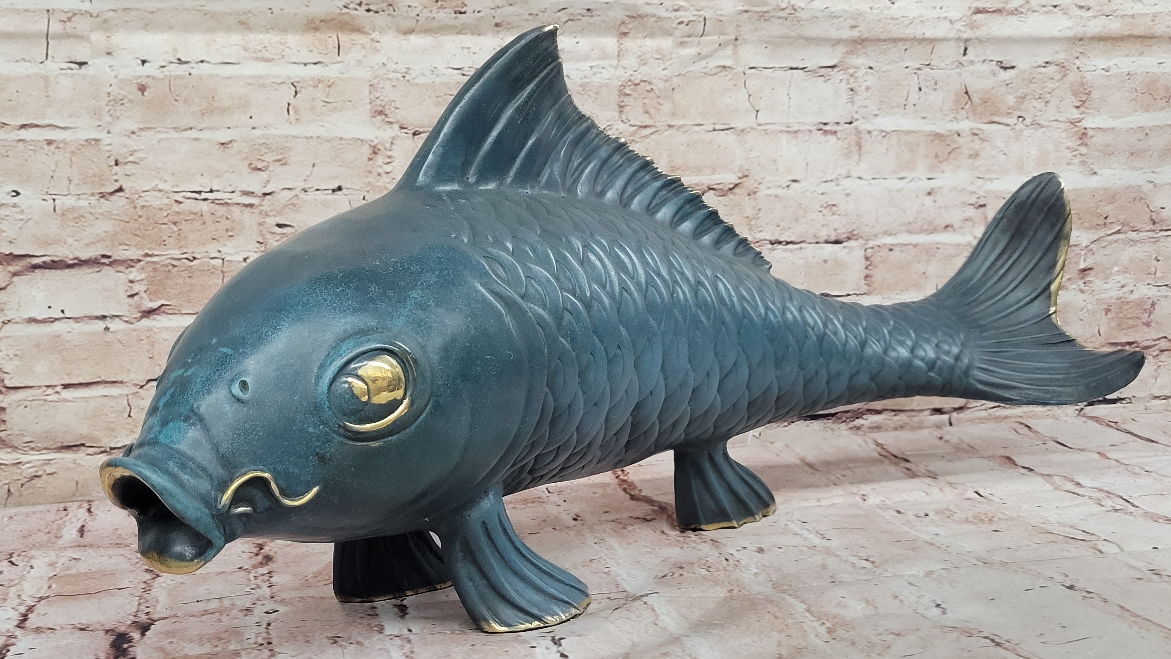 Bronze Koi Fish Sculpture; Large Decorative Asian-Inspired Art Piece with Gold Accents