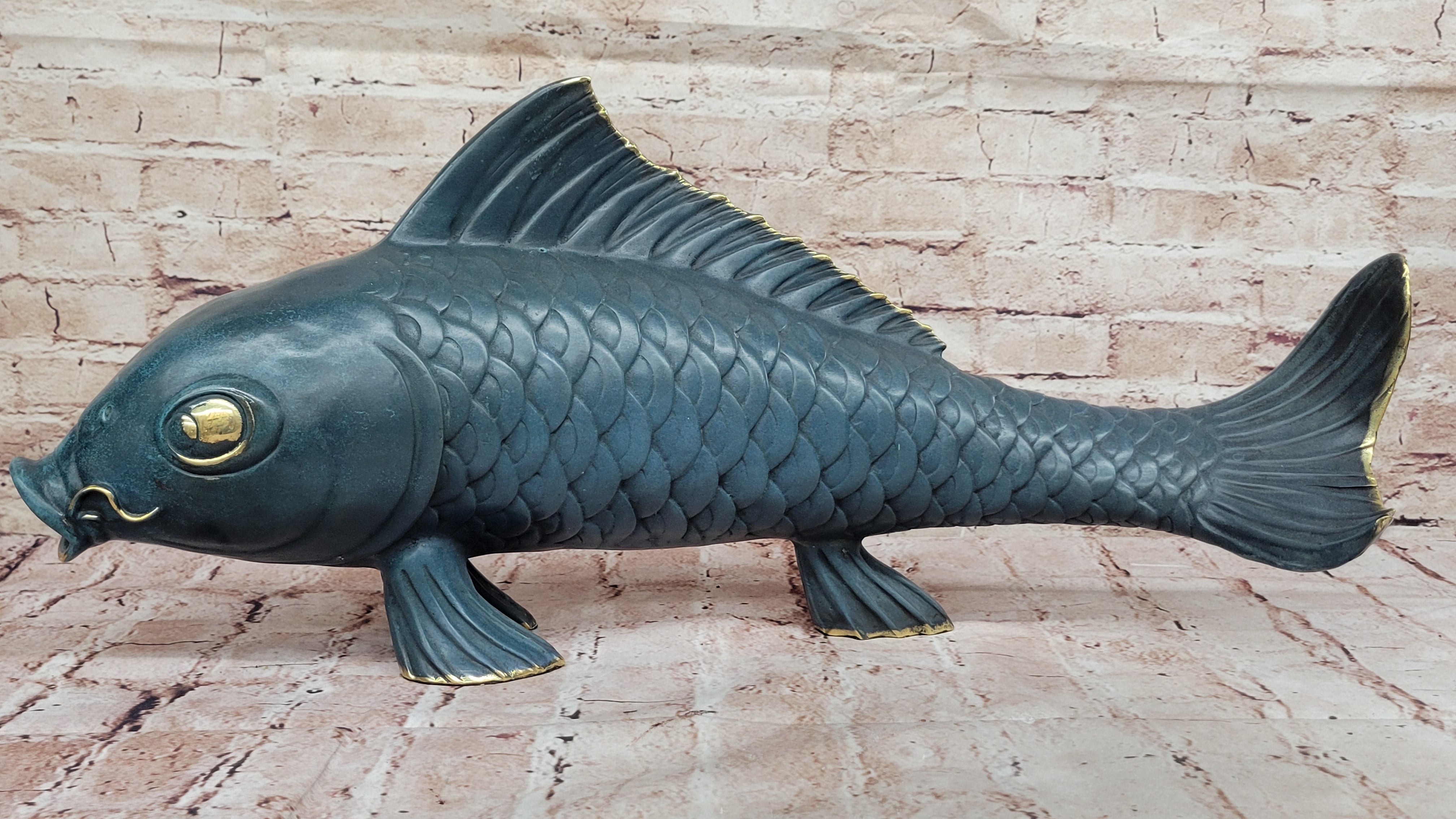 Bronze Koi Fish Sculpture; Large Decorative Asian-Inspired Art Piece with Gold Accents