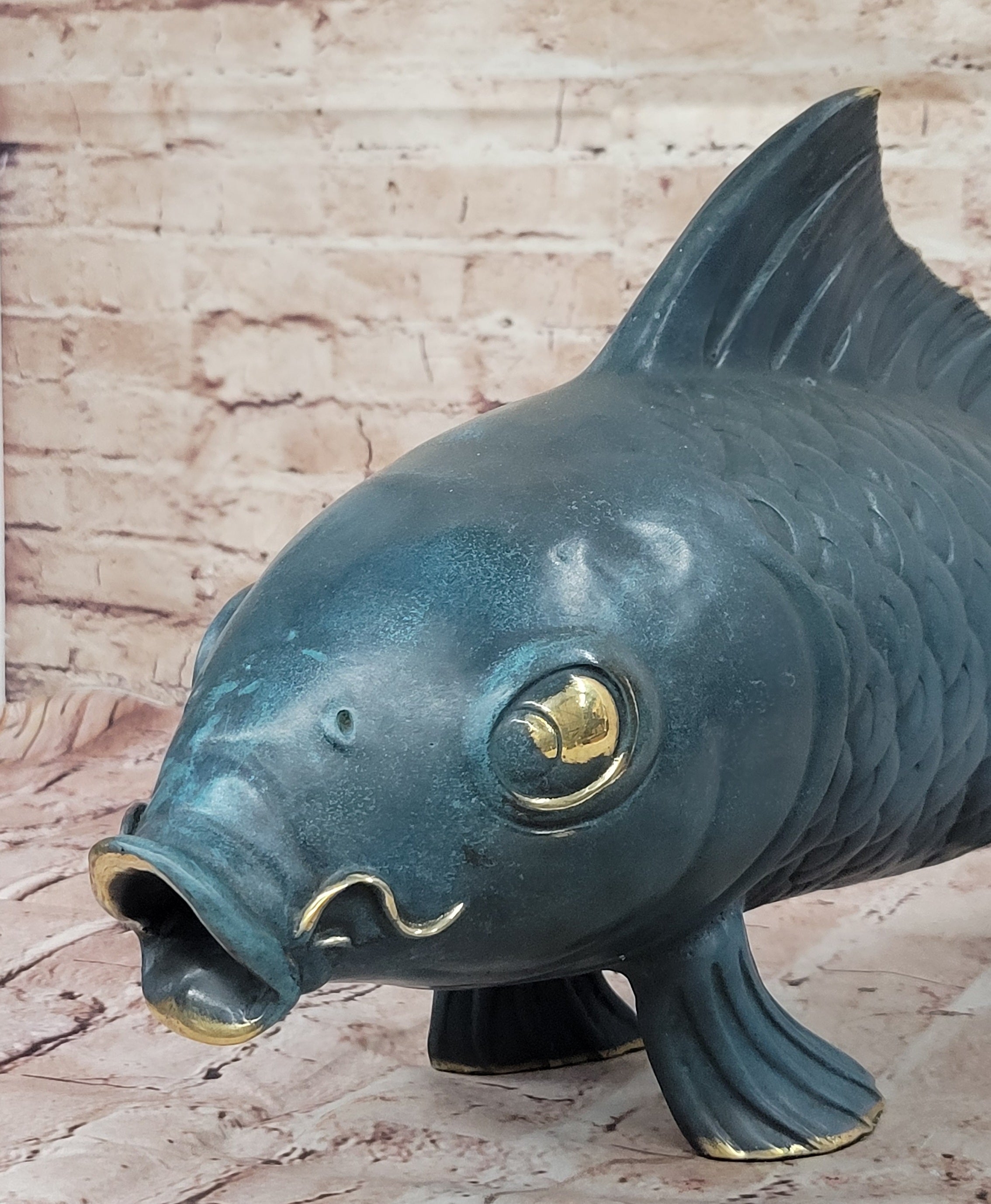 Bronze Koi Fish Sculpture; Large Decorative Asian-Inspired Art Piece with Gold Accents