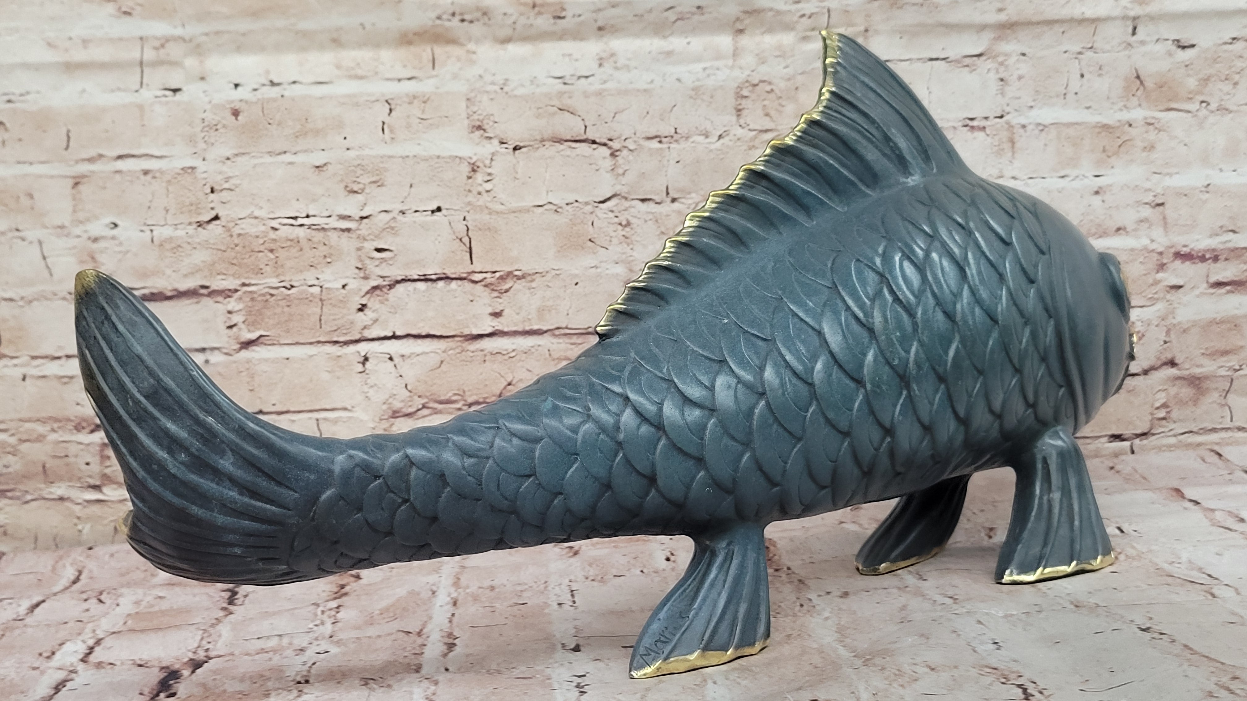 Bronze Koi Fish Sculpture; Large Decorative Asian-Inspired Art Piece with Gold Accents