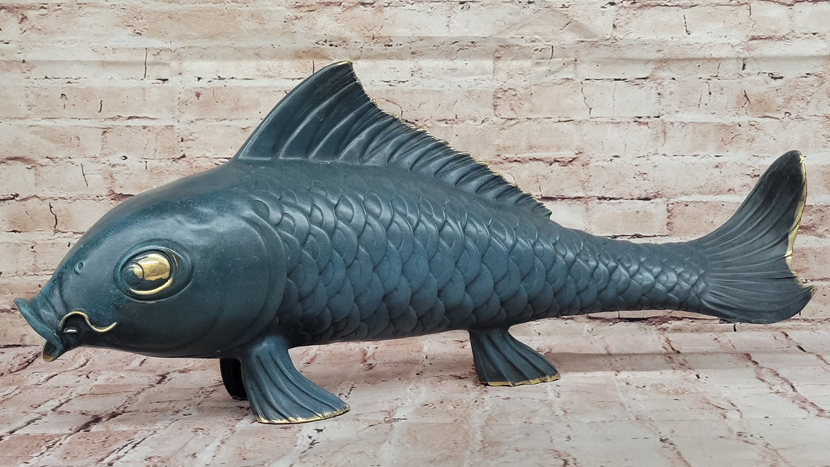 Bronze Koi Fish Sculpture; Large Decorative Asian-Inspired Art Piece with Gold Accents