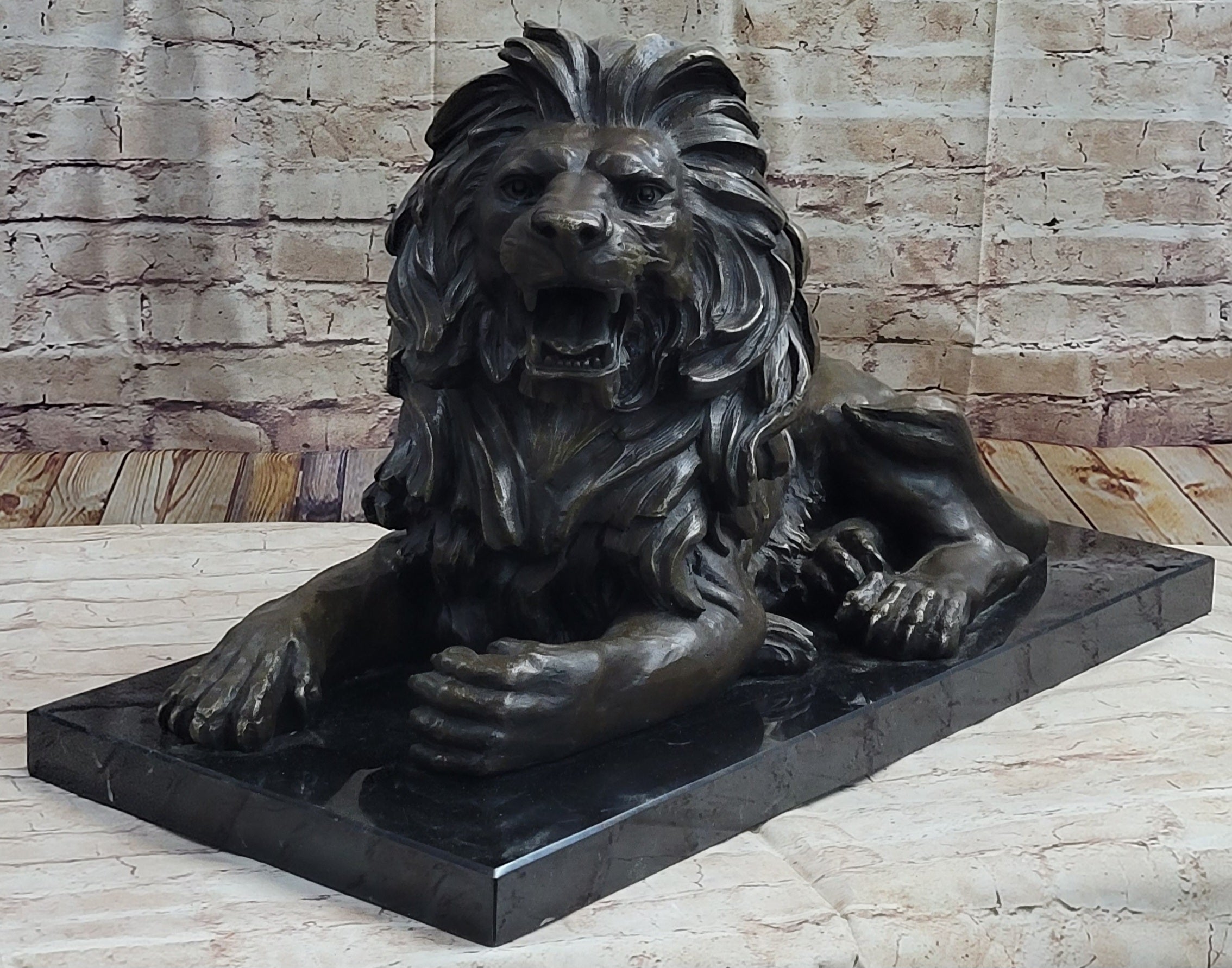Hot Cast Bronze Guardian Lion on Marble Base after Antoine Barye