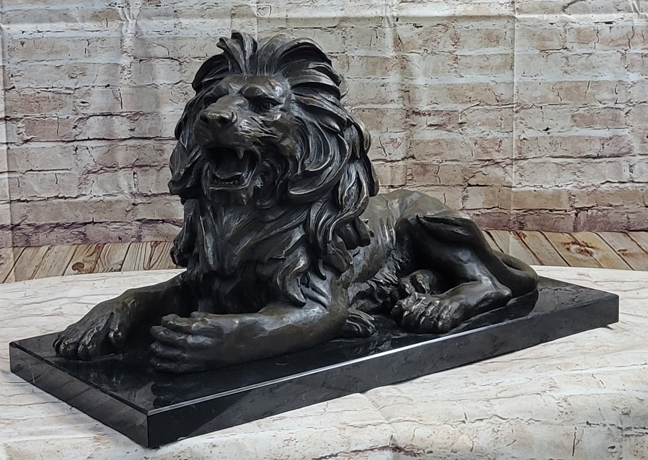 Hot Cast Bronze Guardian Lion on Marble Base after Antoine Barye