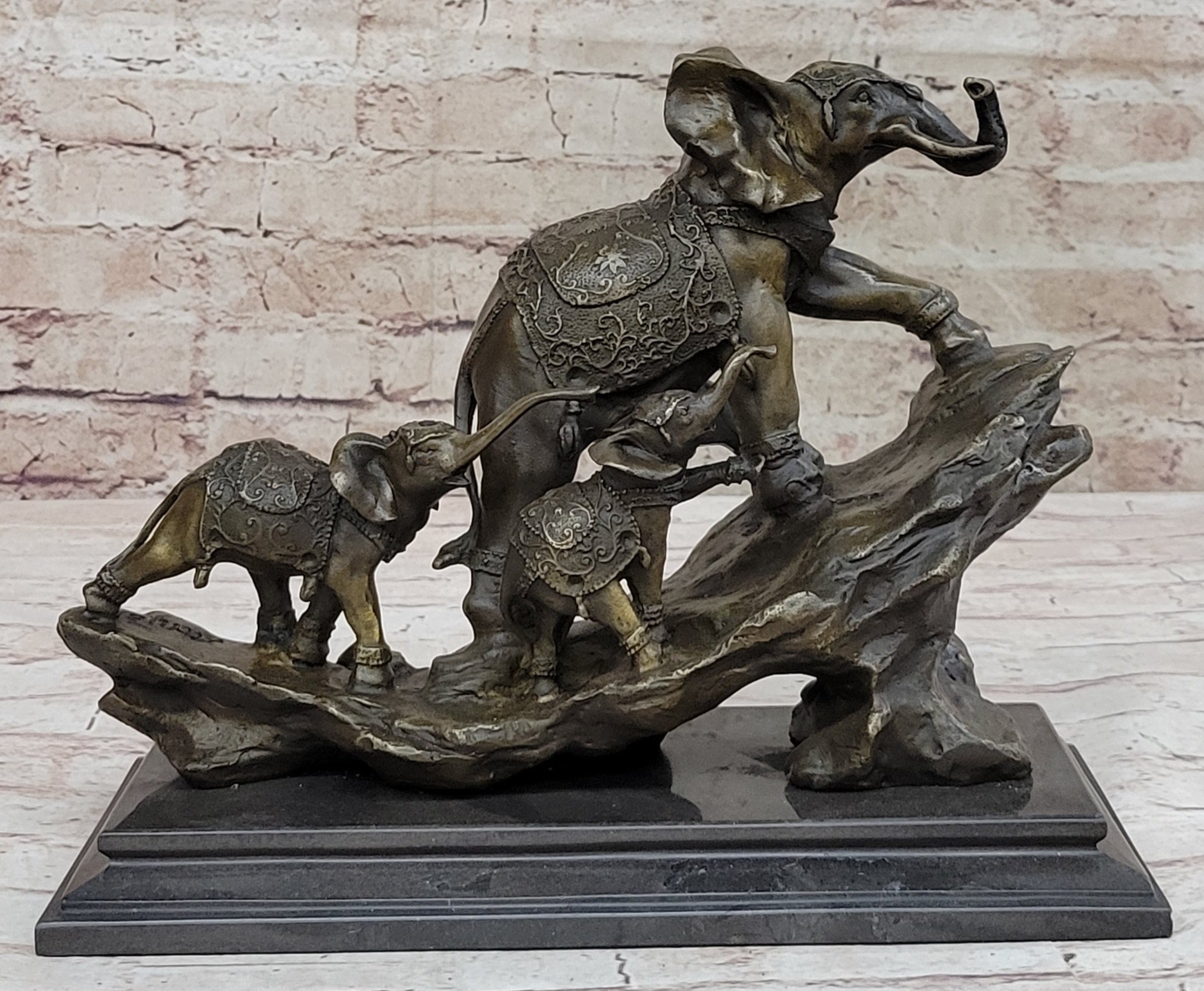 Hand Made Elephant Family Walking up The Hill Bronze Sculpture by Barye Figure