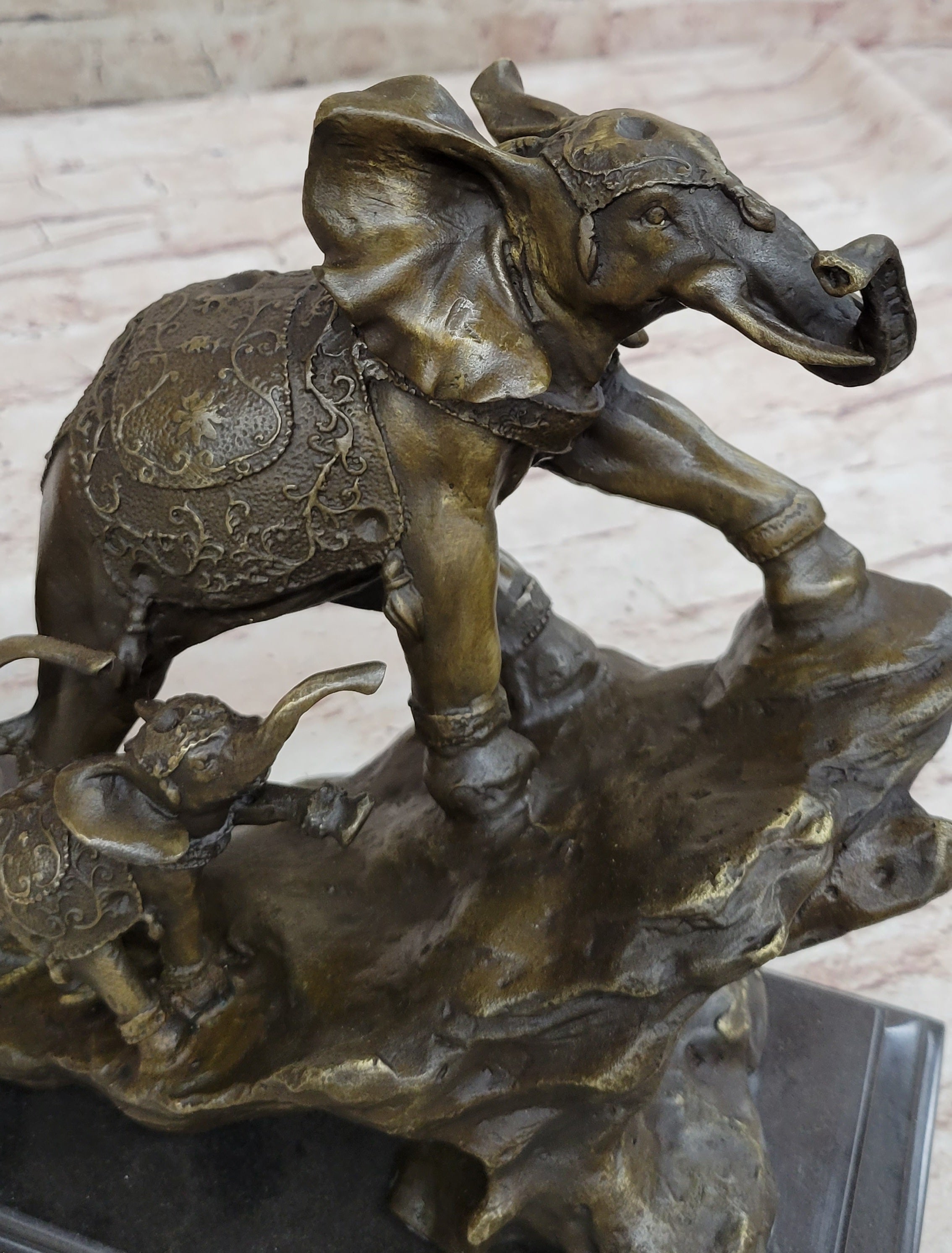 Hand Made Elephant Family Walking up The Hill Bronze Sculpture by Barye Figure