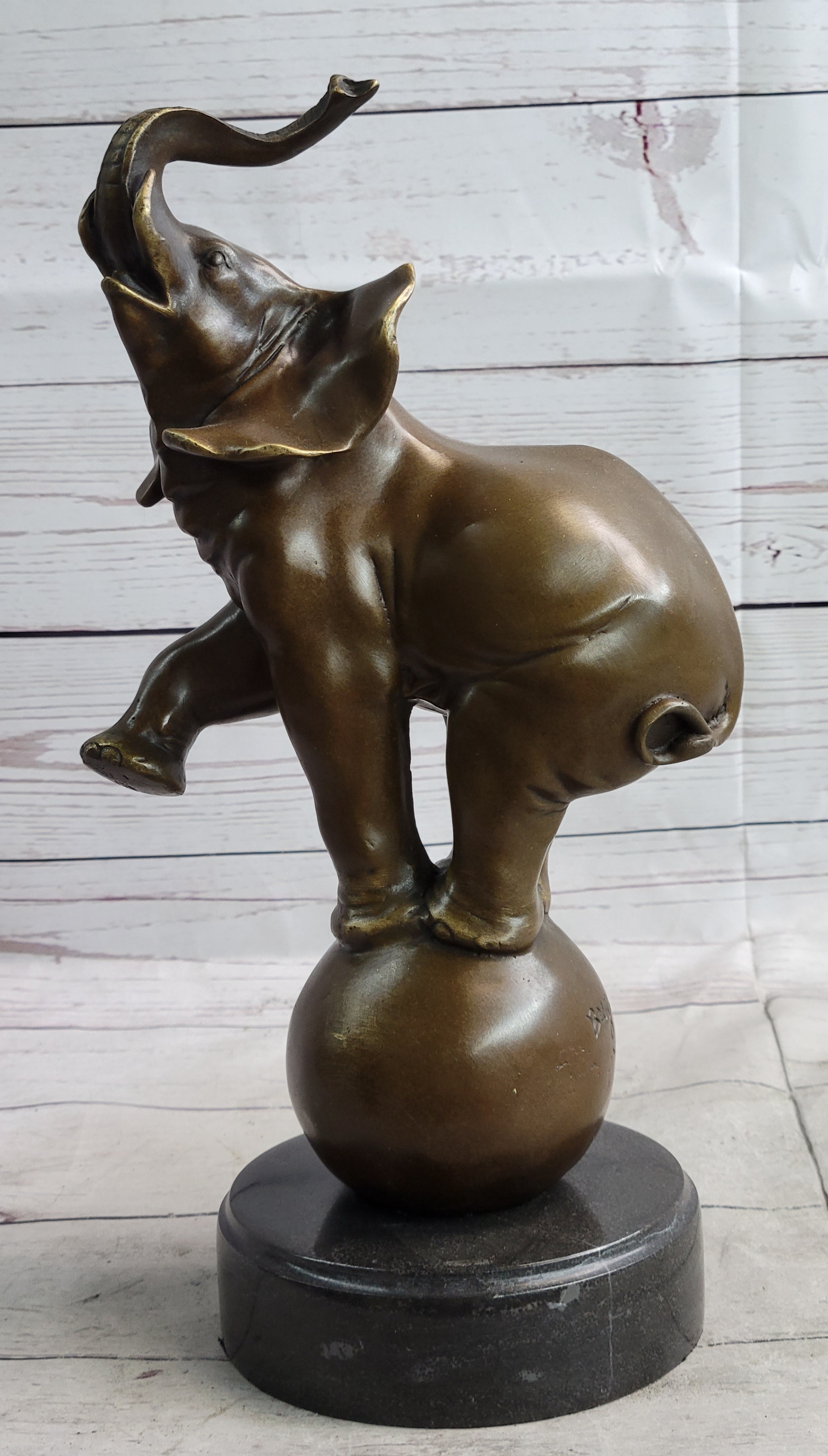 Circus Elephant Balancing on a Ball Bronze Sculpture Statue Art on Marble Base