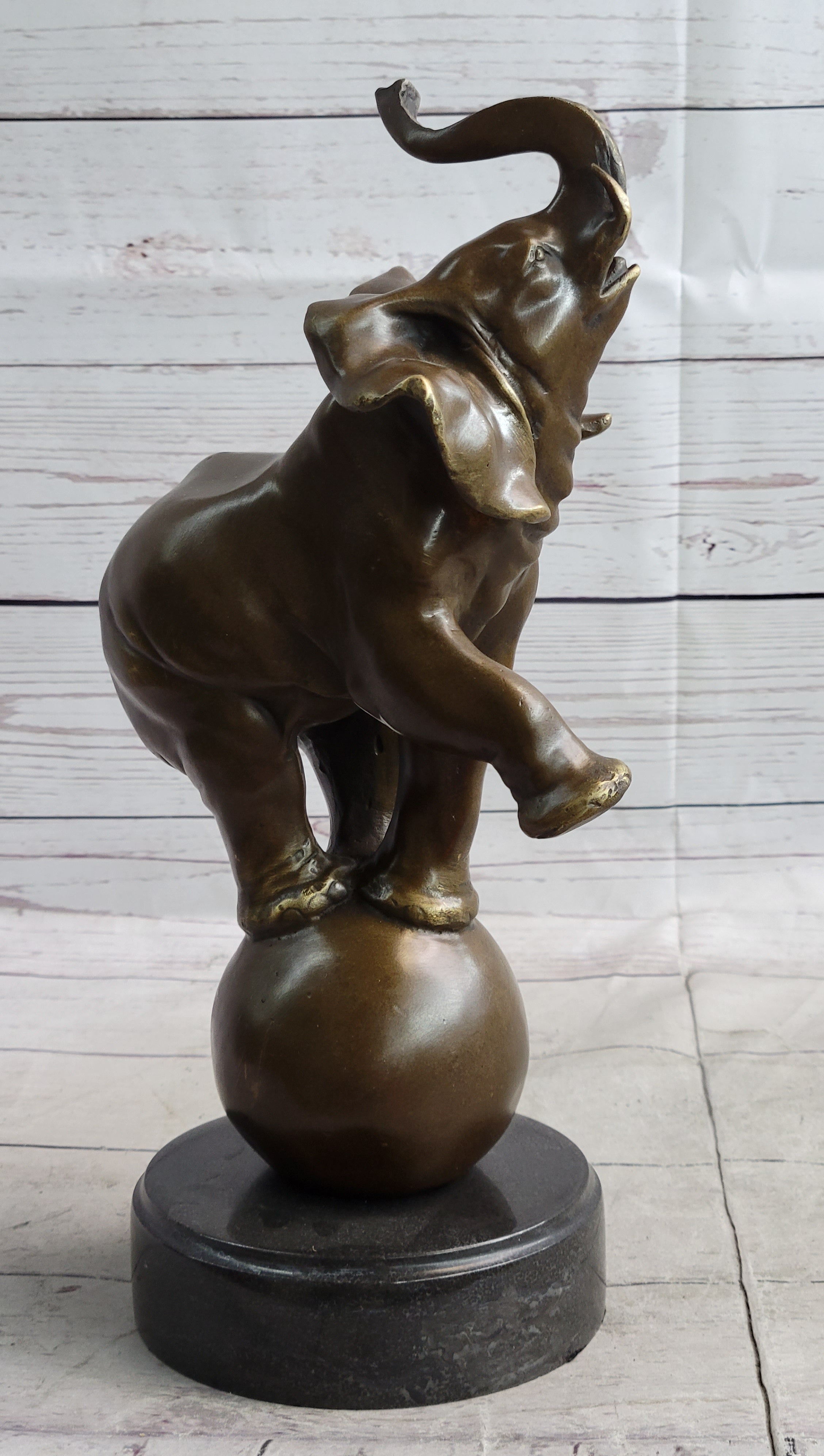 Circus Elephant Balancing on a Ball Bronze Sculpture Statue Art on Marble Base