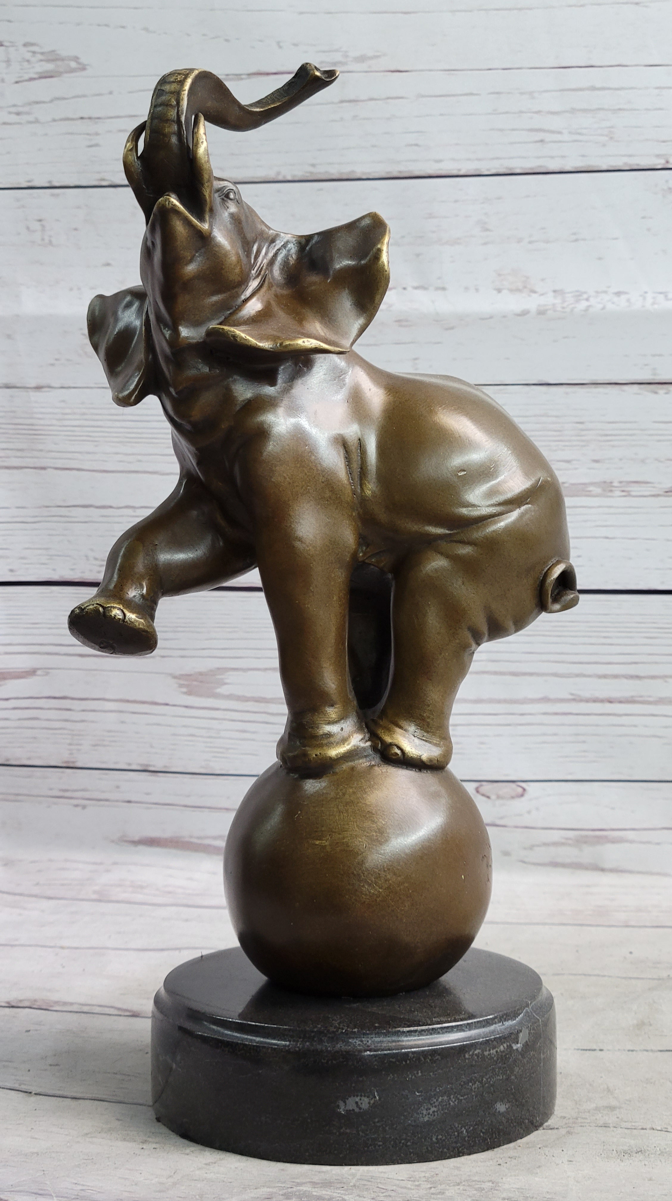 Circus Elephant Balancing on a Ball Bronze Sculpture Statue Art on Marble Base