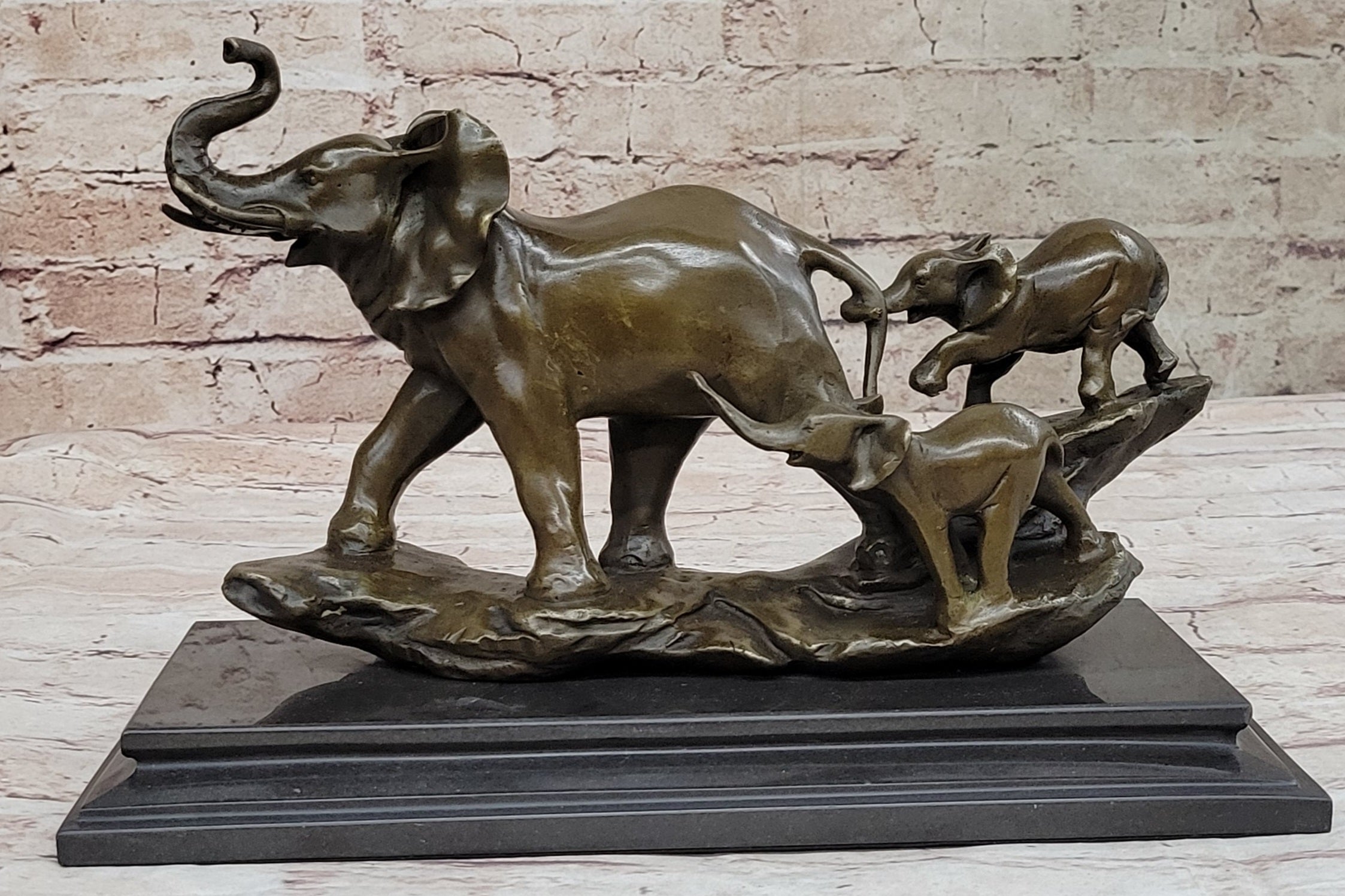 Mother Elephant and Baby Calf Bronze Statue Sculpture Original Art on Marble Base