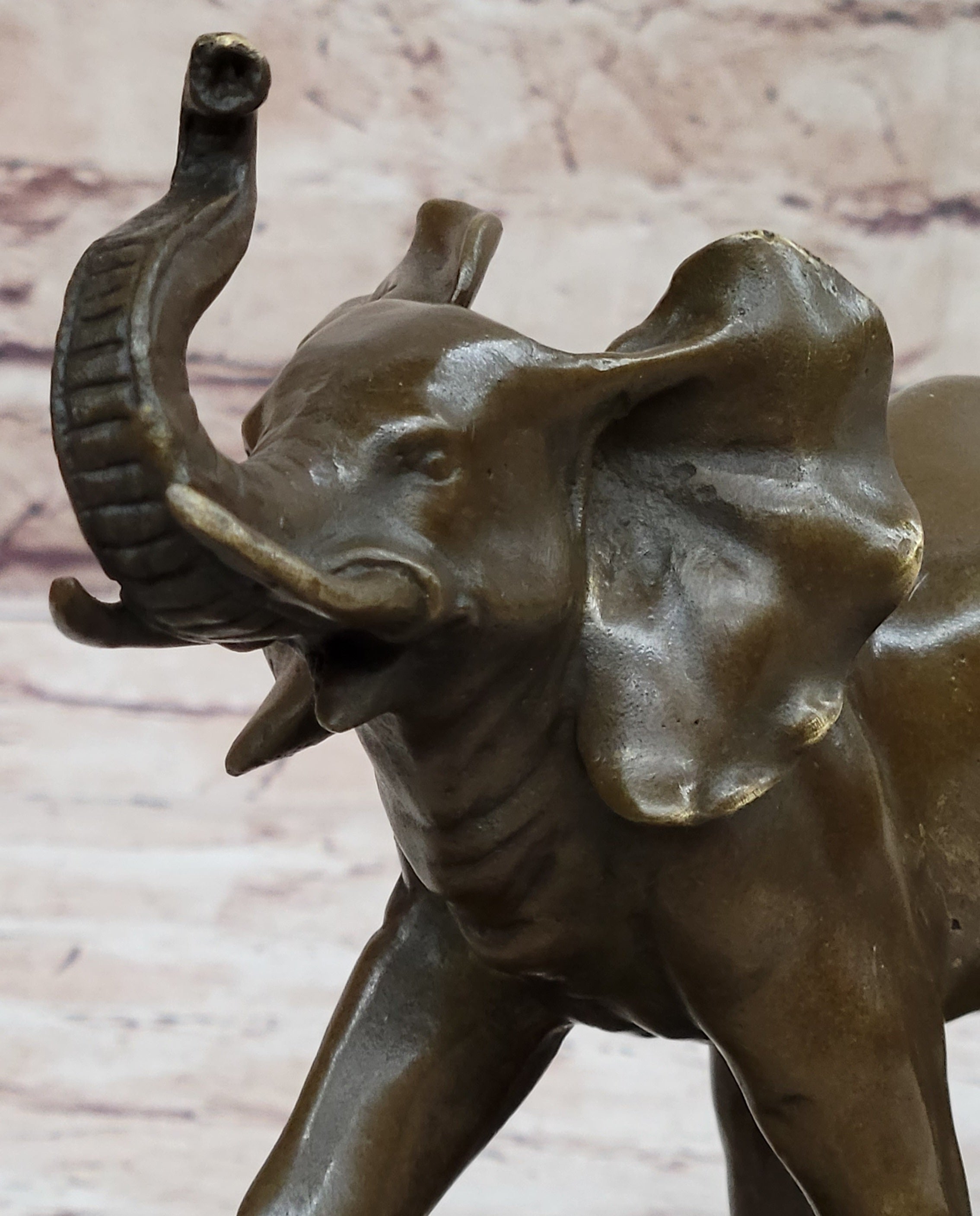 Mother Elephant and Baby Calf Bronze Statue Sculpture Original Art on Marble Base