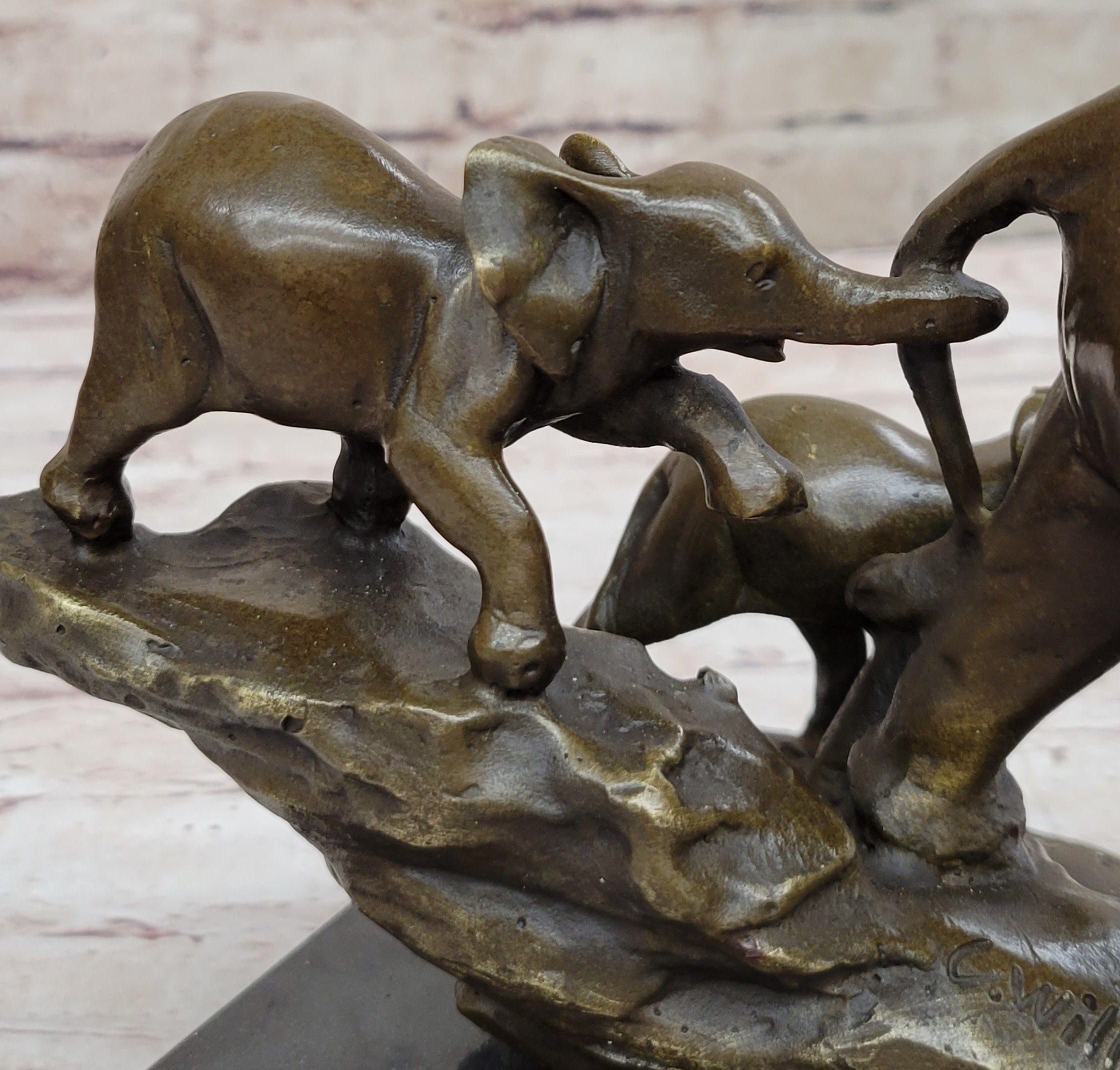 Mother Elephant and Baby Calf Bronze Statue Sculpture Original Art on Marble Base