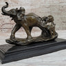 Mother Elephant and Baby Calf Bronze Statue Sculpture Original Art on Marble Base