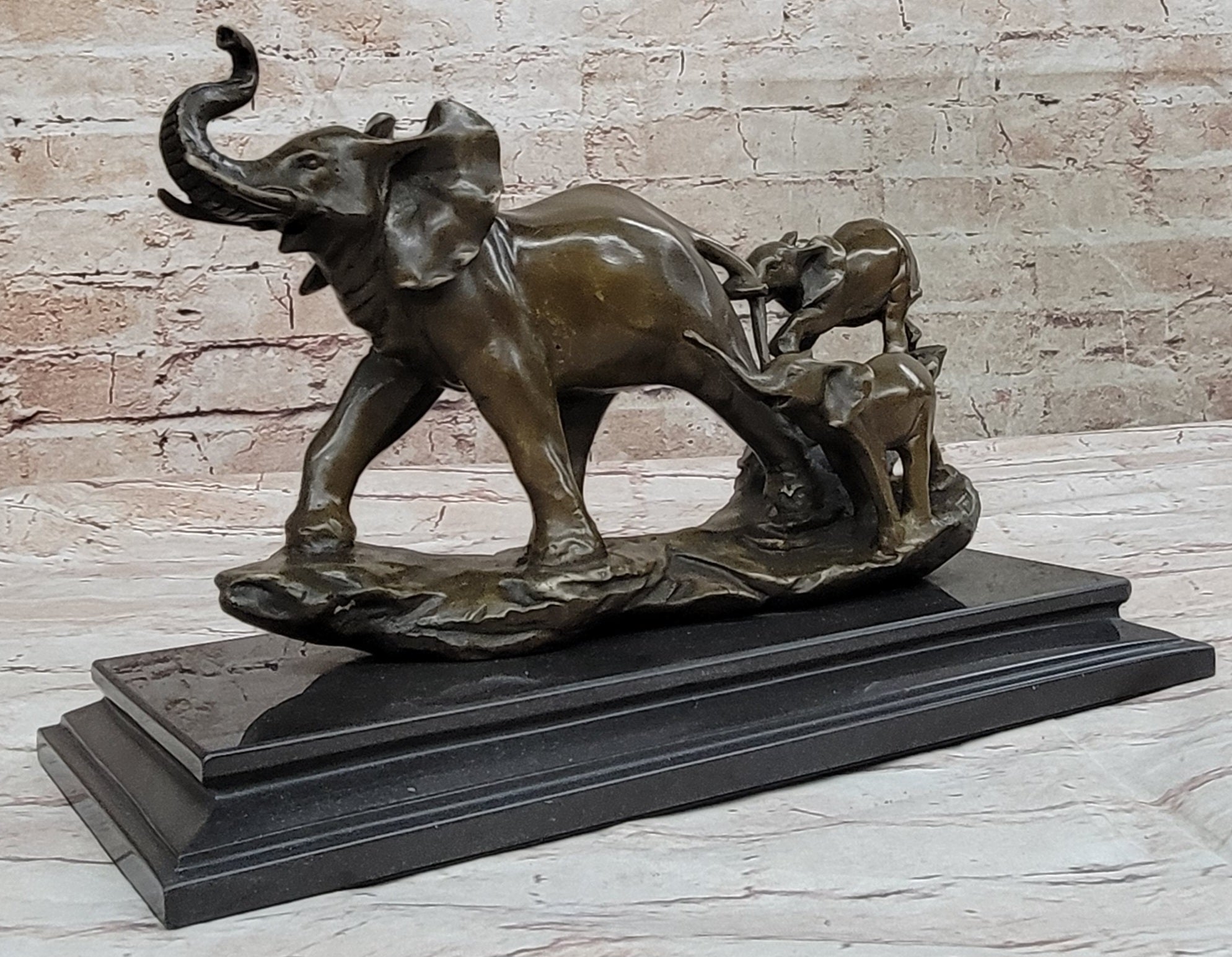 Mother Elephant and Baby Calf Bronze Statue Sculpture Original Art on Marble Base