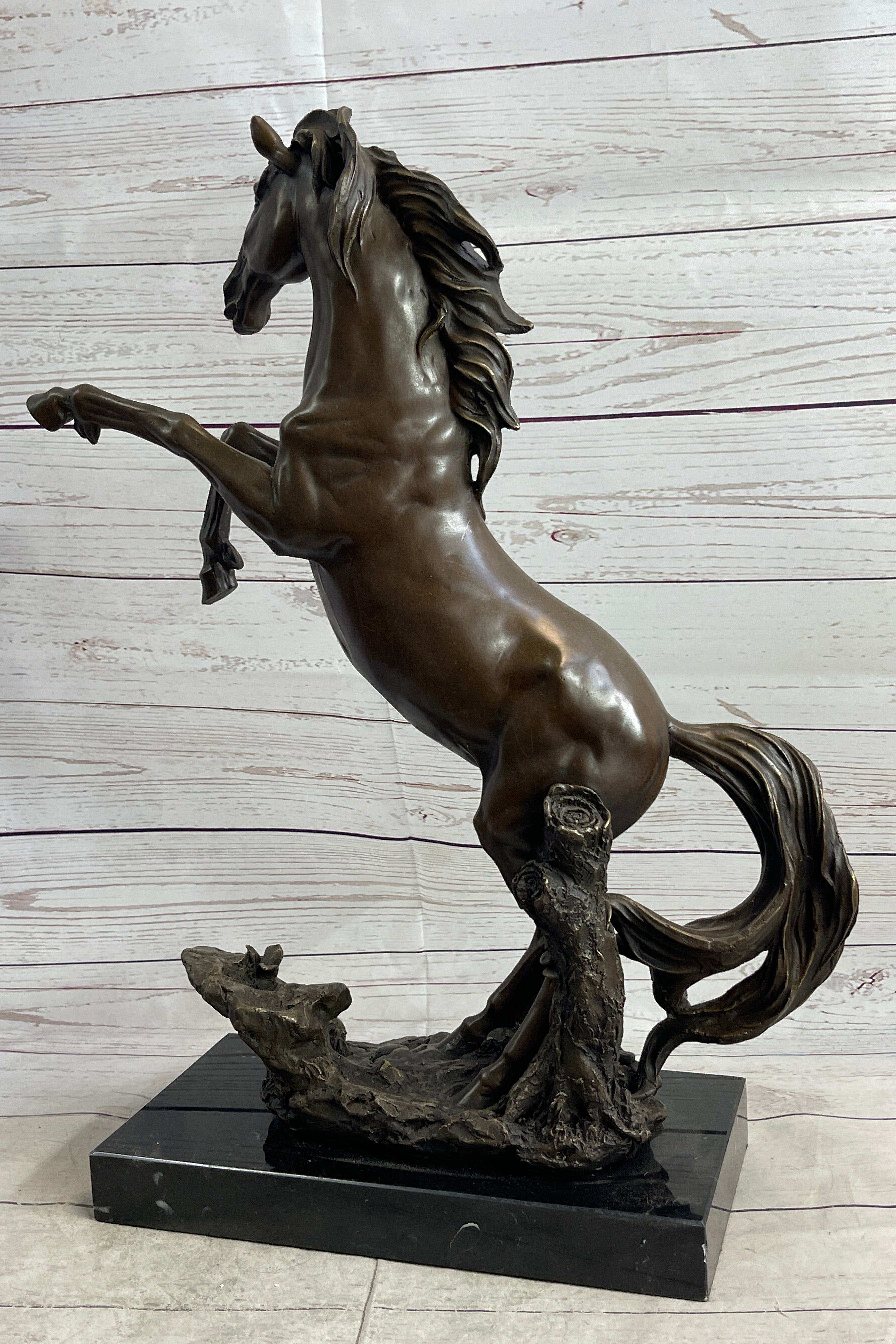 Rearing Wild Stallion Horse Bronze Statue Sculpture Figure Equestrian Horses Decor Signed Art