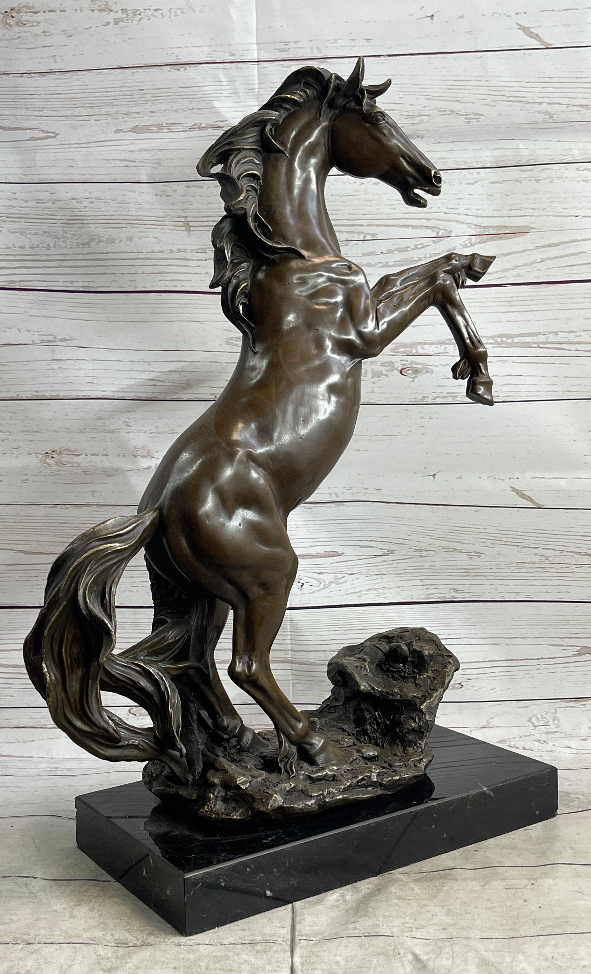 Rearing Wild Stallion Horse Bronze Statue Sculpture Figure Equestrian Horses Decor Signed Art