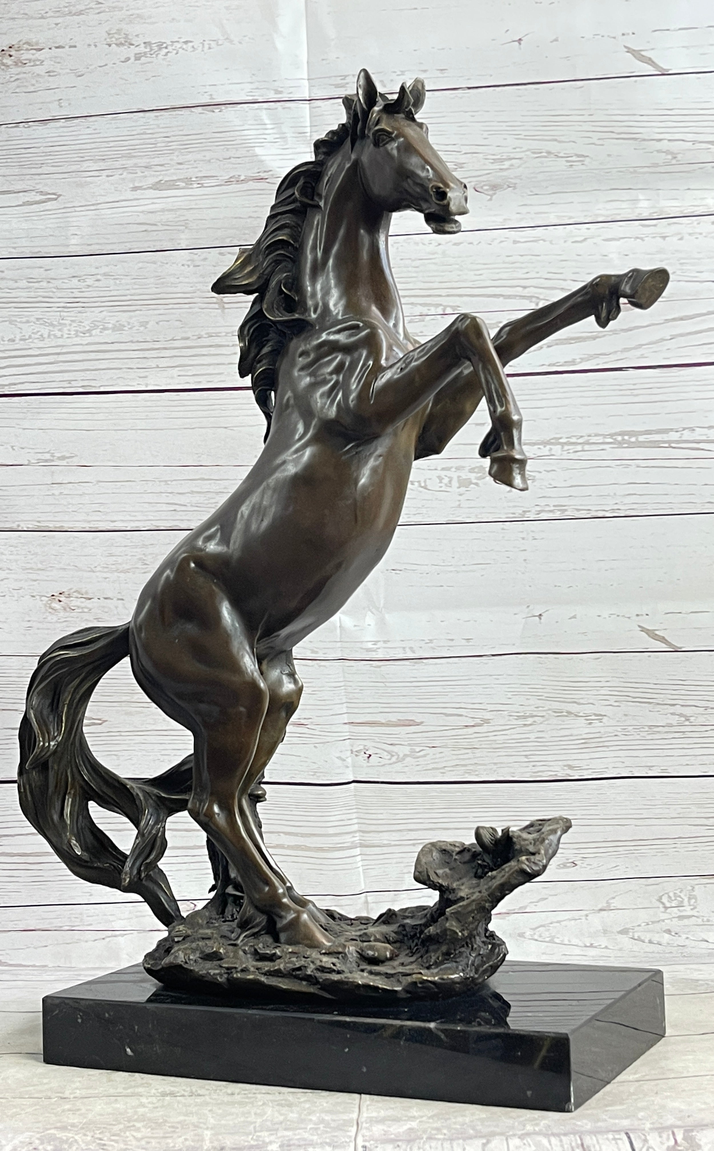 Rearing Wild Stallion Horse Bronze Statue Sculpture Figure Equestrian Horses Decor Signed Art