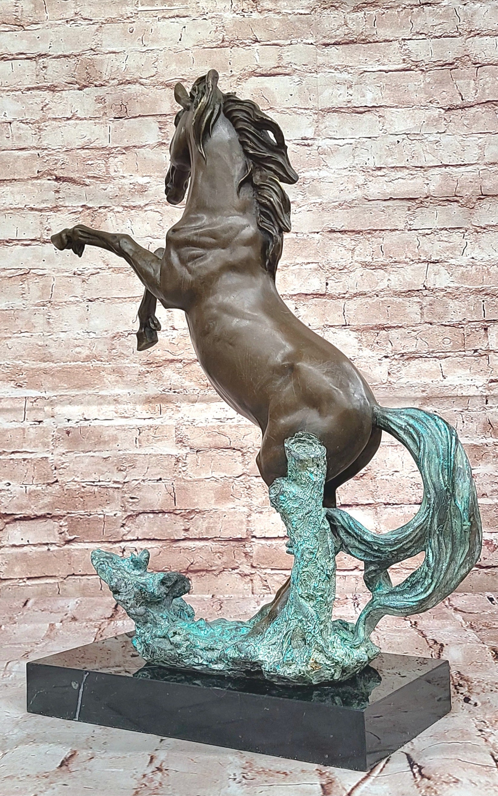 Rearing Horse on Hind Legs Bronze Statue Sculpture w/ Blue Green Patina Original Art