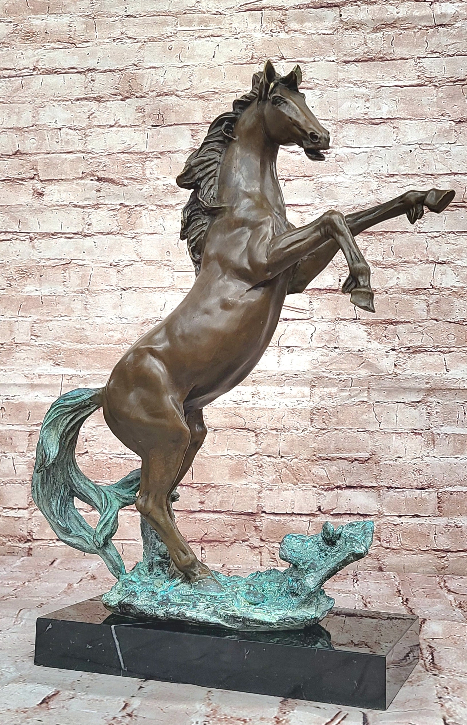 Rearing Horse on Hind Legs Bronze Statue Sculpture w/ Blue Green Patina Original Art