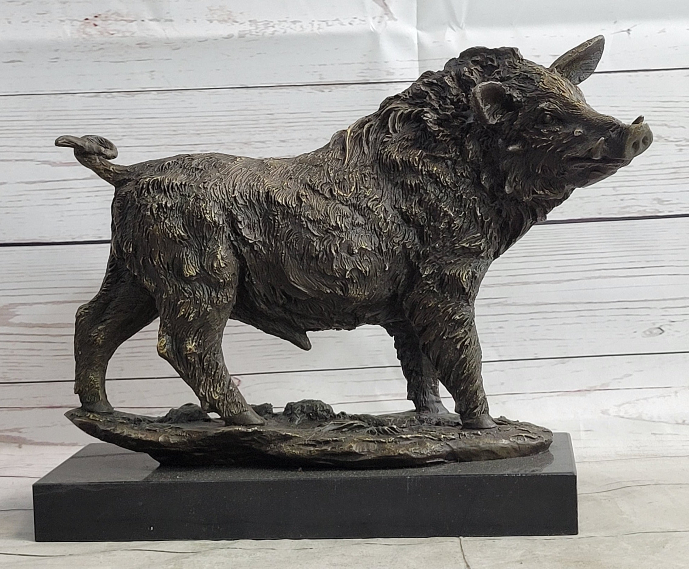 Wild Boar Hog Pig Bronze Sculpture Statue Figure Wildlife Art Decor Marble Base