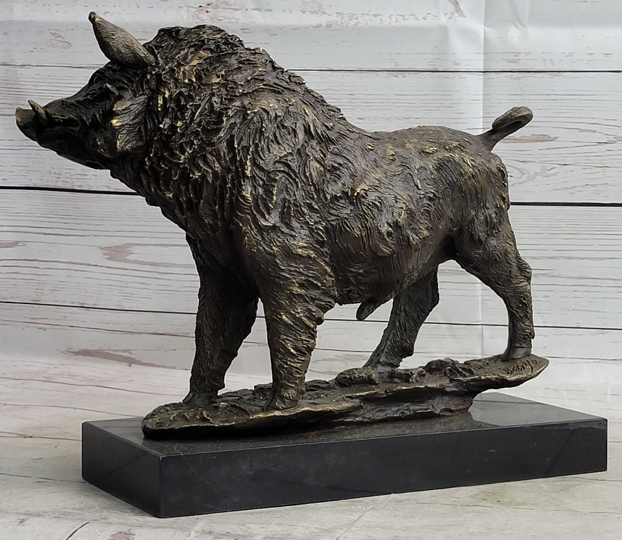 Wild Boar Hog Pig Bronze Sculpture Statue Figure Wildlife Art Decor Marble Base