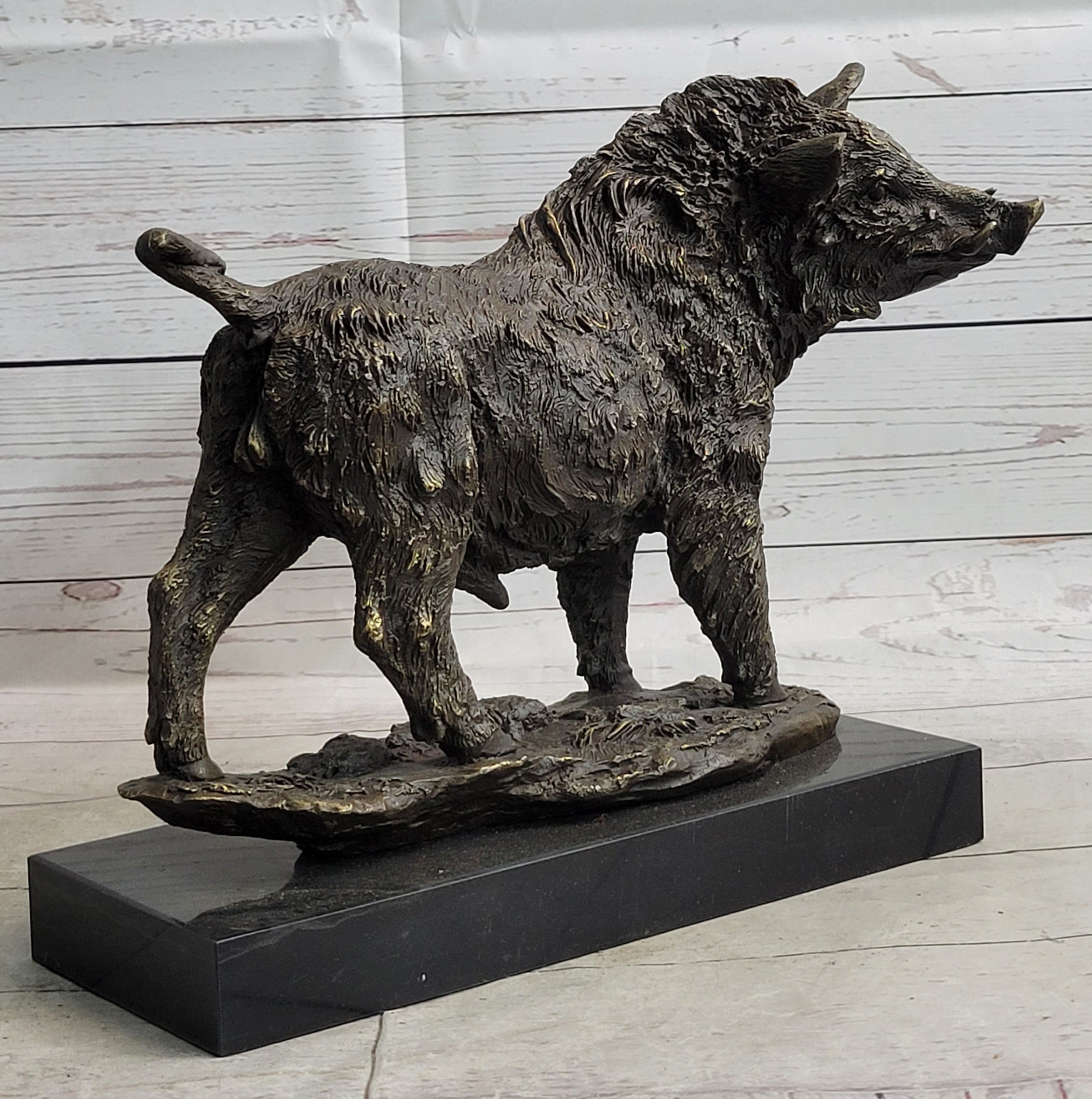 Wild Boar Hog Pig Bronze Sculpture Statue Figure Wildlife Art Decor Marble Base