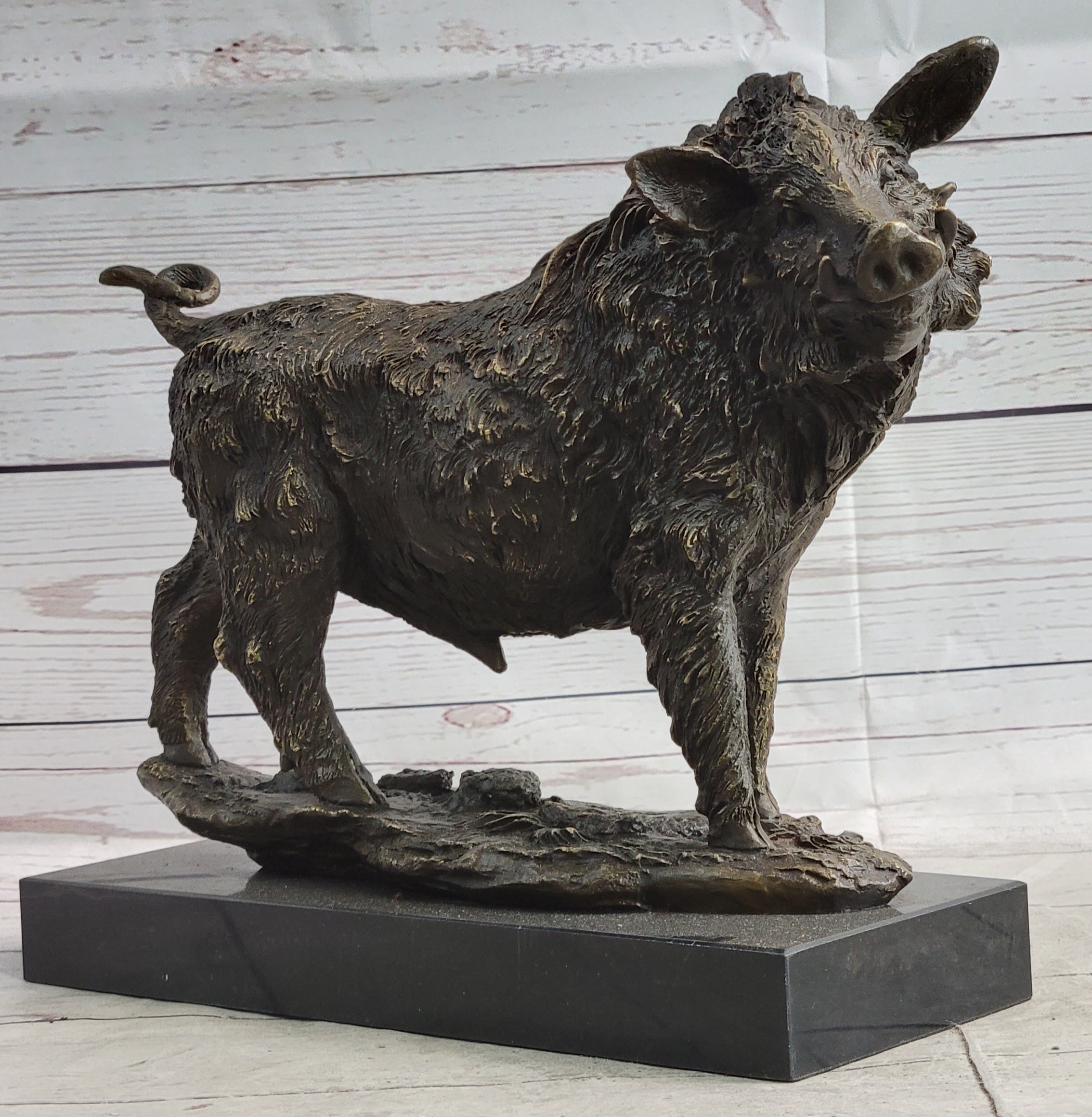 Wild Boar Hog Pig Bronze Sculpture Statue Figure Wildlife Art Decor Marble Base