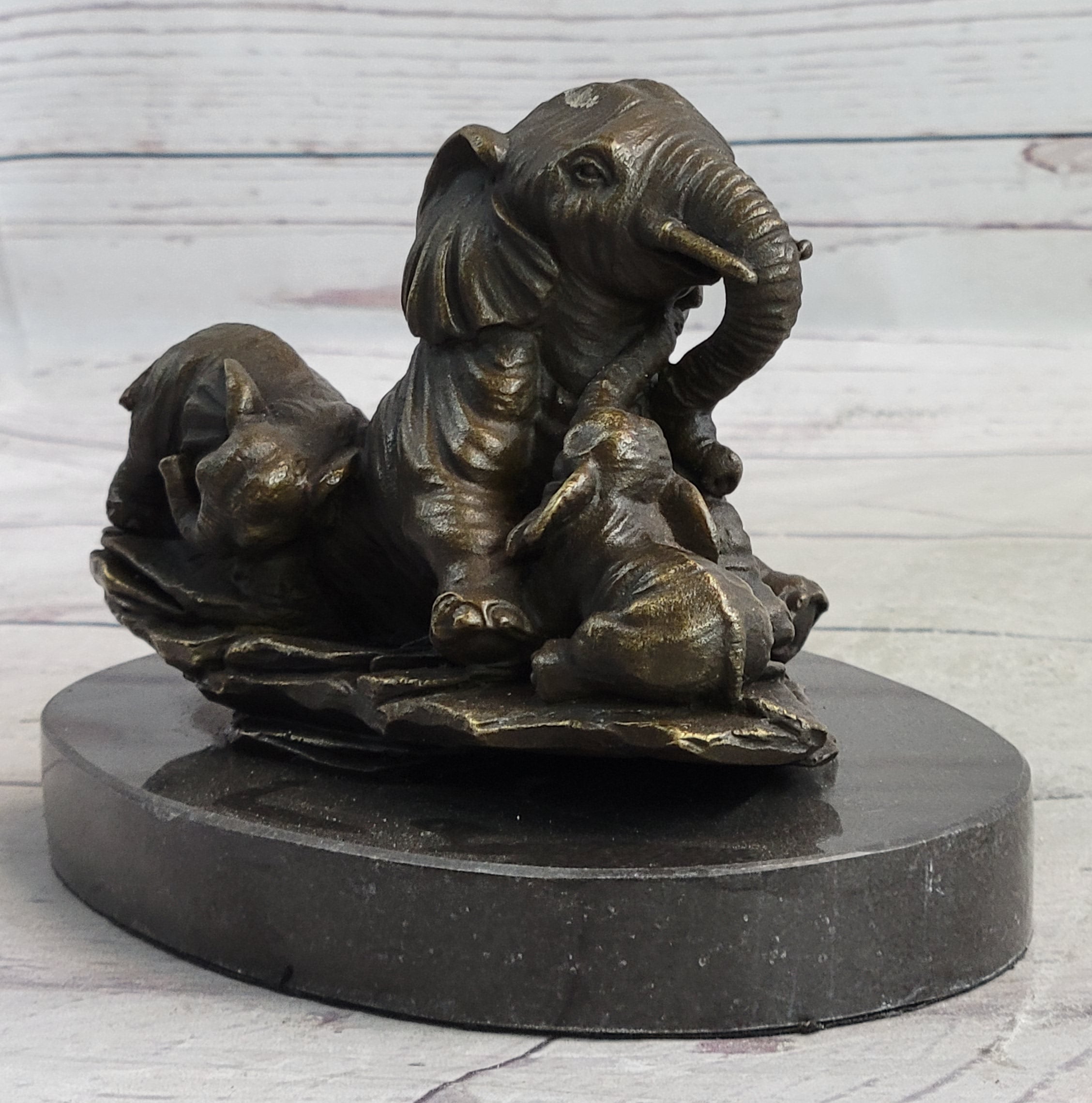 Miniature Bronze Sculpture Statue Elephant Family Figure Collectible 12" x 15"