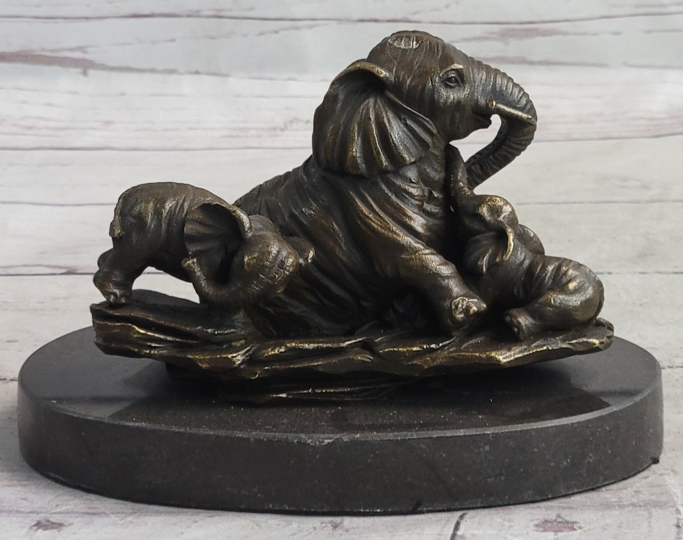 Miniature Bronze Sculpture Statue Elephant Family Figure Collectible 12" x 15"