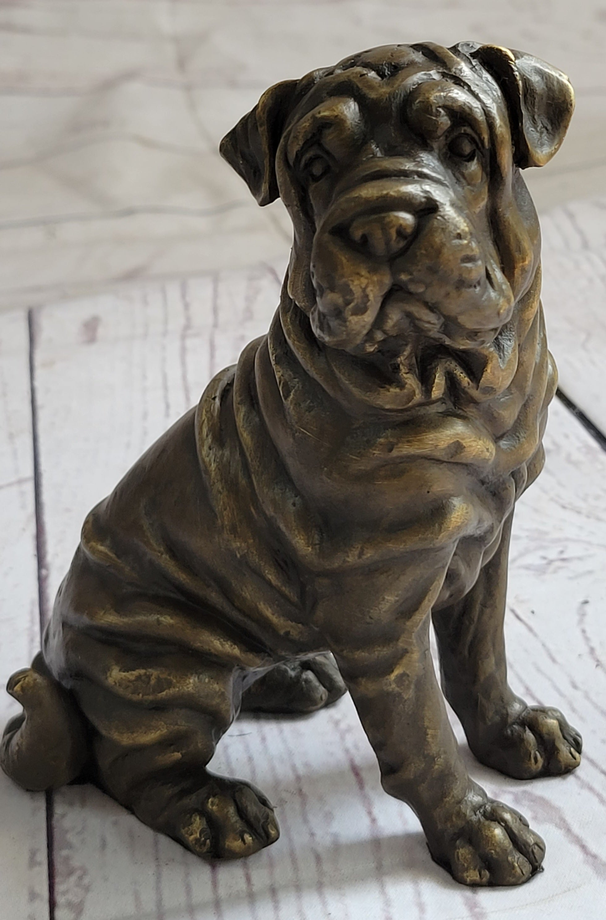 Shar Pei Wrinkly Puppy Dog Bronze Metal Figure Figurine Sculpture Signed Art 6.5" x 6"
