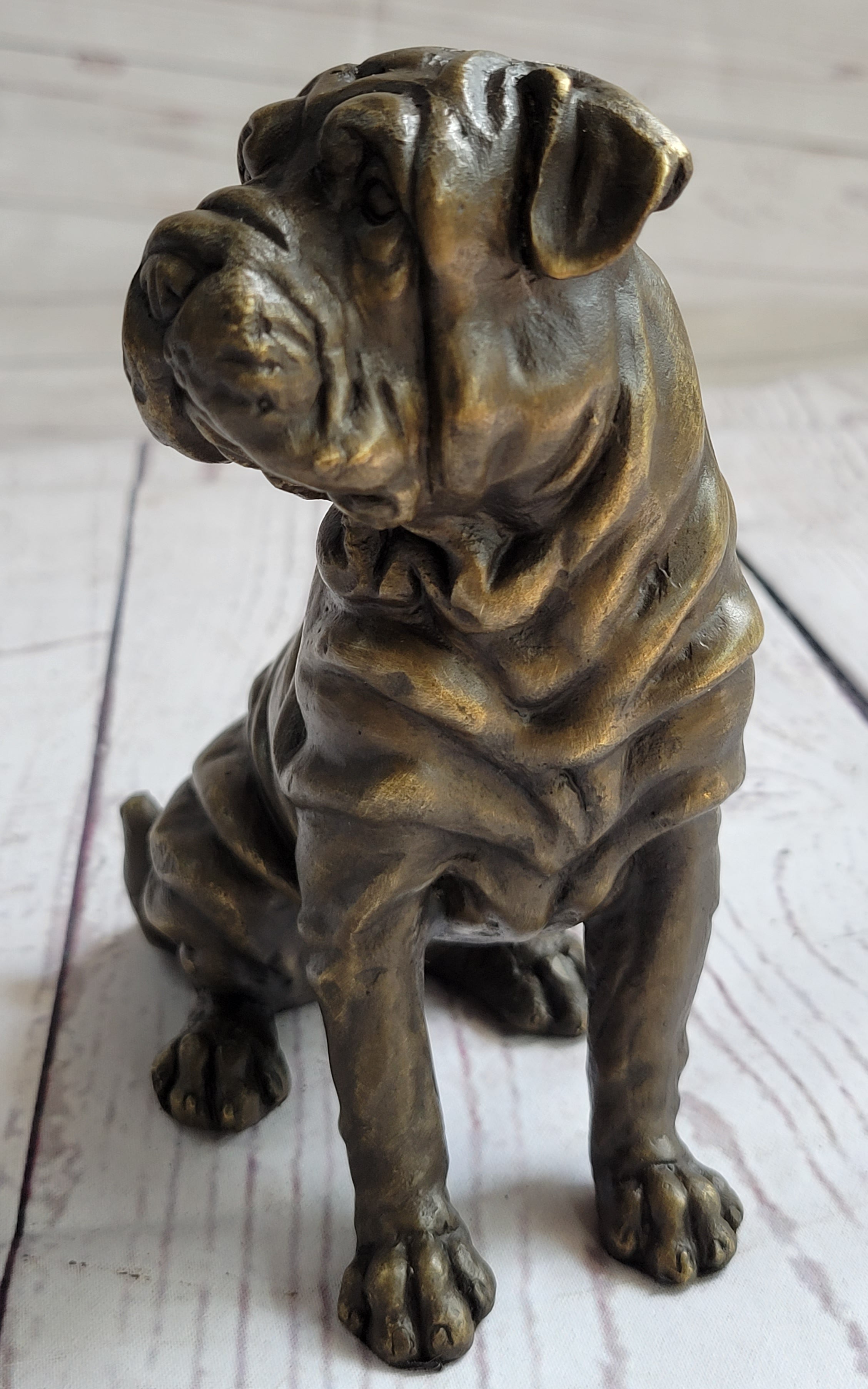 Shar Pei Wrinkly Puppy Dog Bronze Metal Figure Figurine Sculpture Signed Art 6.5" x 6"