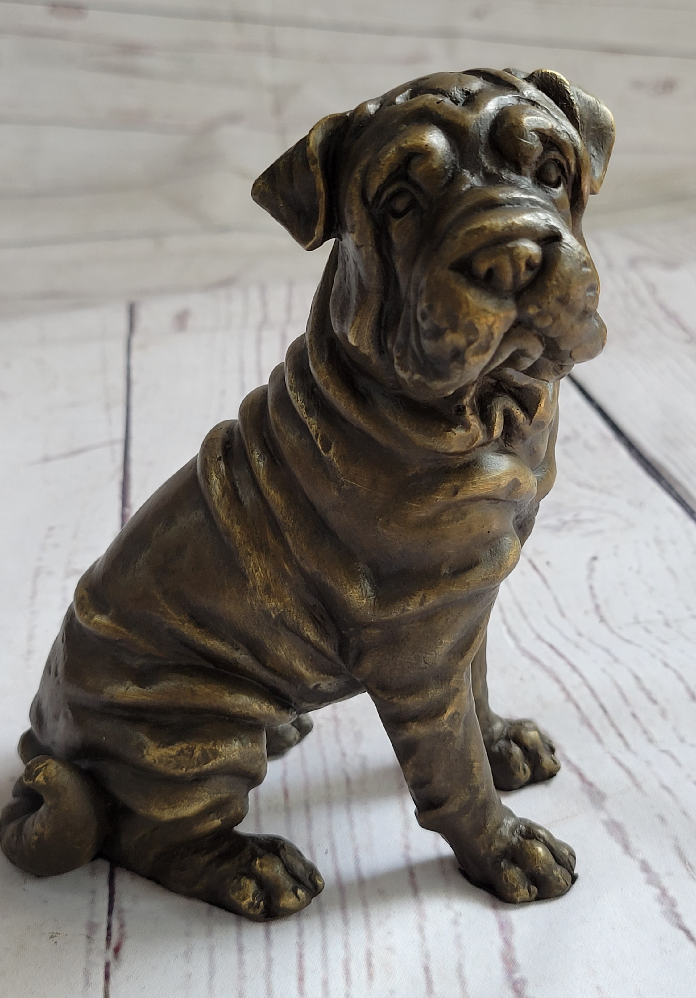 Shar Pei Wrinkly Puppy Dog Bronze Metal Figure Figurine Sculpture Signed Art 6.5" x 6"