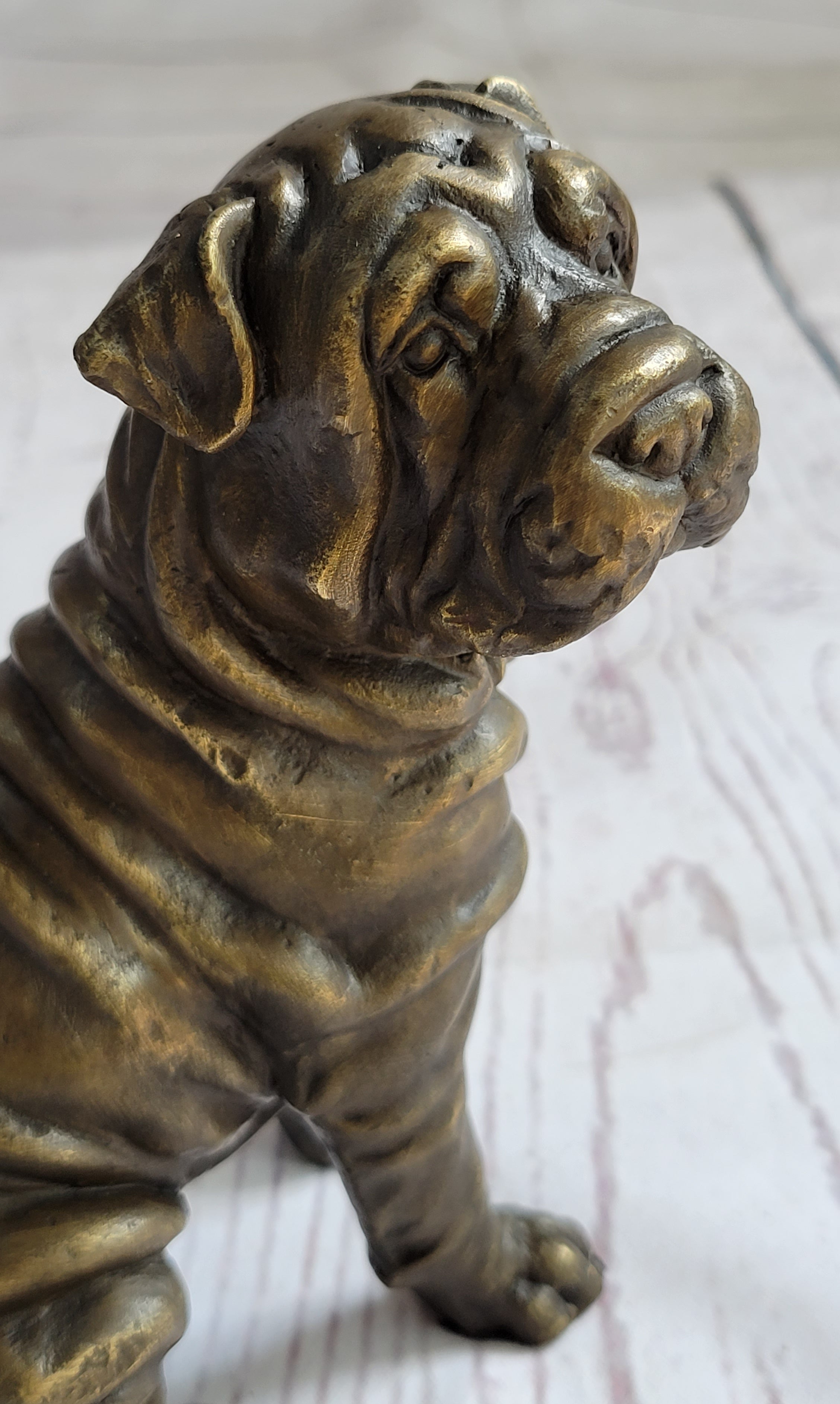 Shar Pei Wrinkly Puppy Dog Bronze Metal Figure Figurine Sculpture Signed Art 6.5" x 6"
