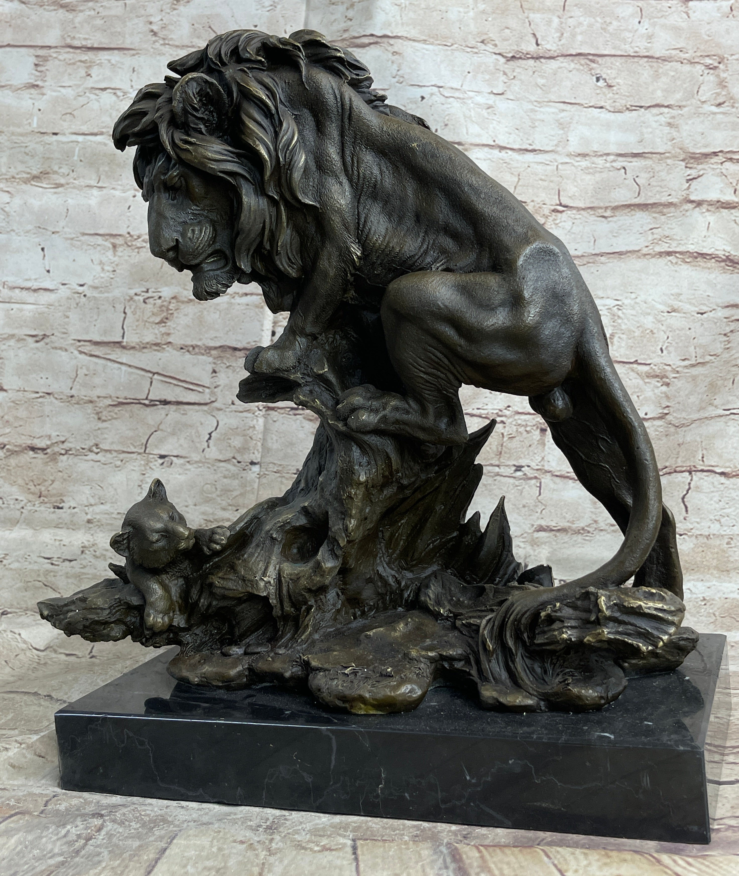 Male Lion w/ Cub Bronze Statue Sculpture Figure Barye Decor 14" x 12"