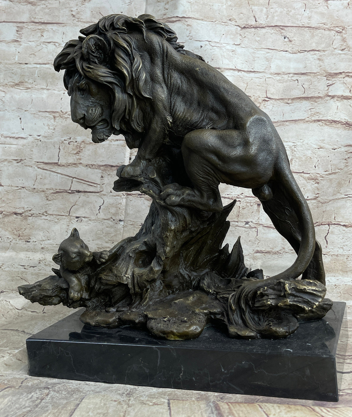 Male Lion w/ Cub Bronze Statue Sculpture Figure Barye Decor 14" x 12"