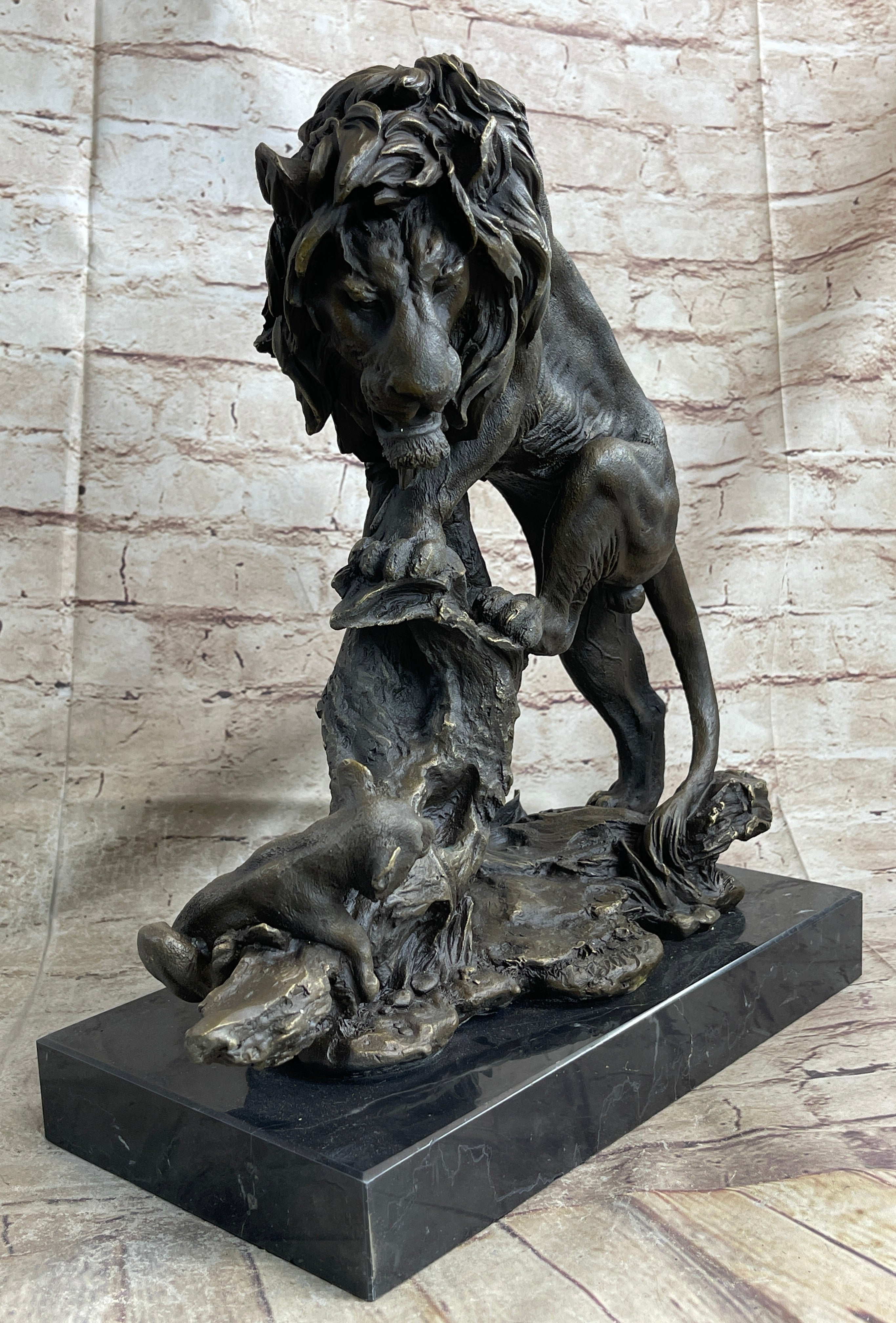 Male Lion w/ Cub Bronze Statue Sculpture Figure Barye Decor 14" x 12"