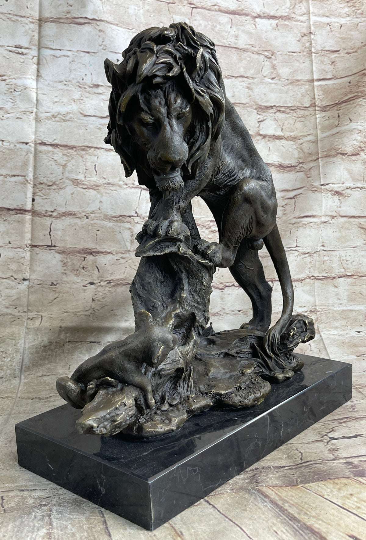 Male Lion w/ Cub Bronze Statue Sculpture Figure Barye Decor 14" x 12"