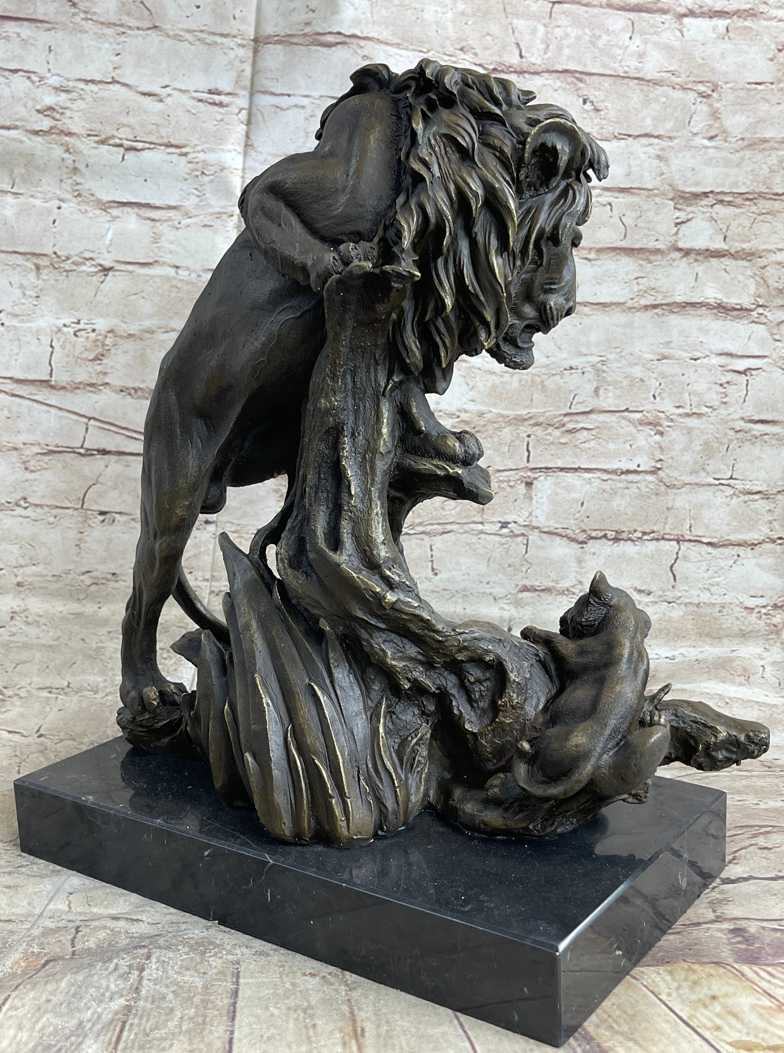 Male Lion w/ Cub Bronze Statue Sculpture Figure Barye Decor 14" x 12"