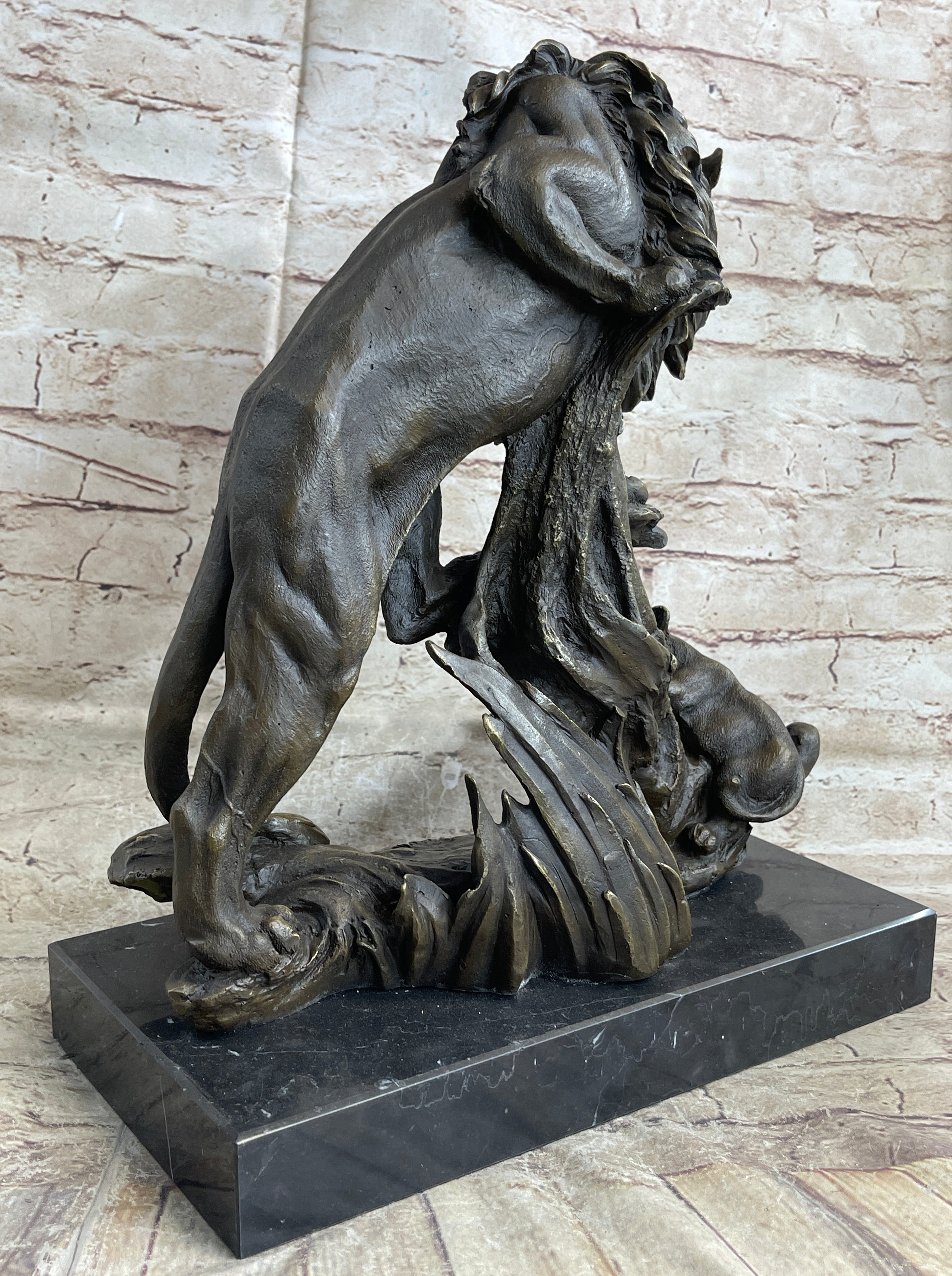 Male Lion w/ Cub Bronze Statue Sculpture Figure Barye Decor 14" x 12"