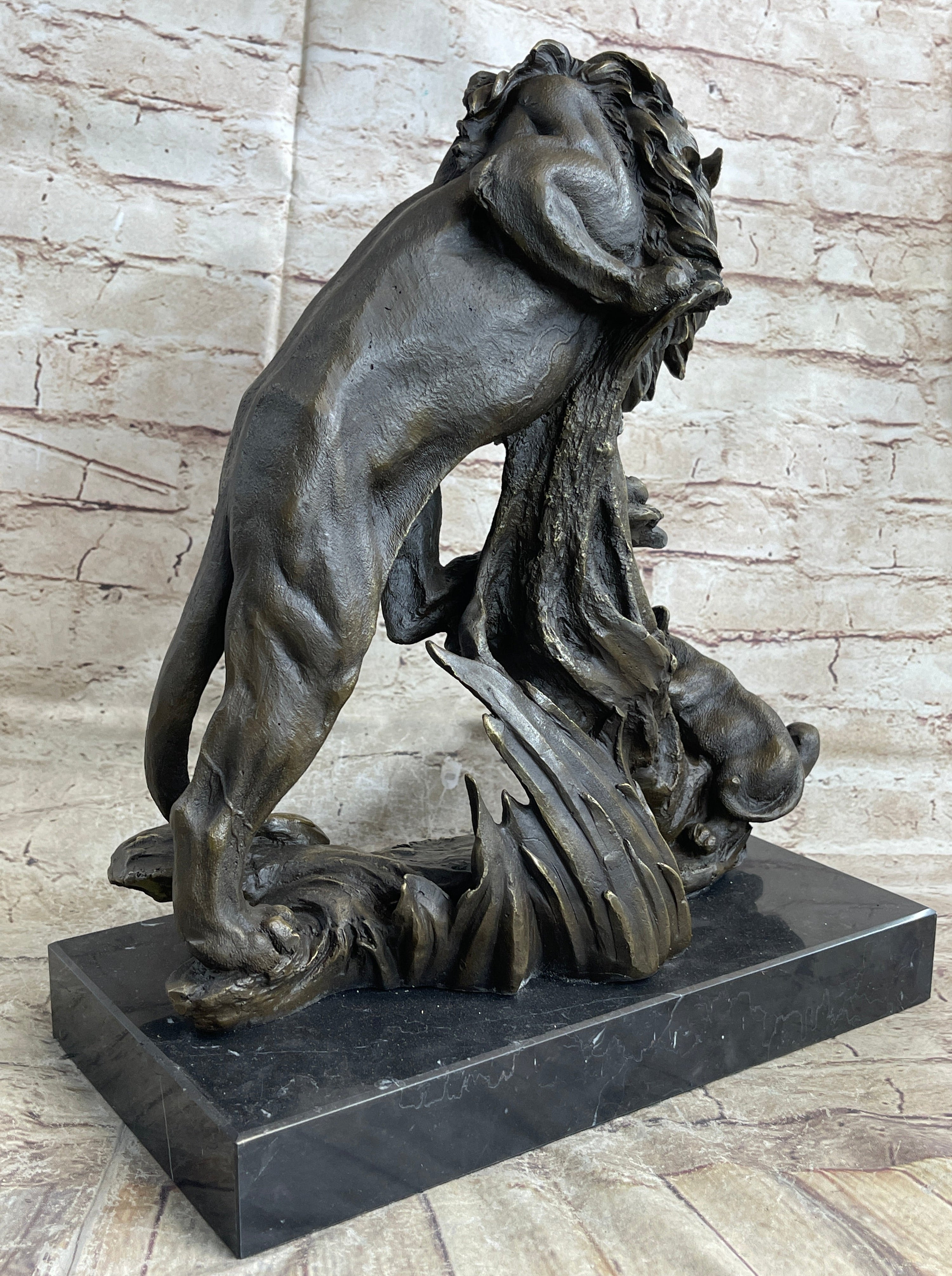 Male Lion w/ Cub Bronze Statue Sculpture Figure Barye Decor 14" x 12"